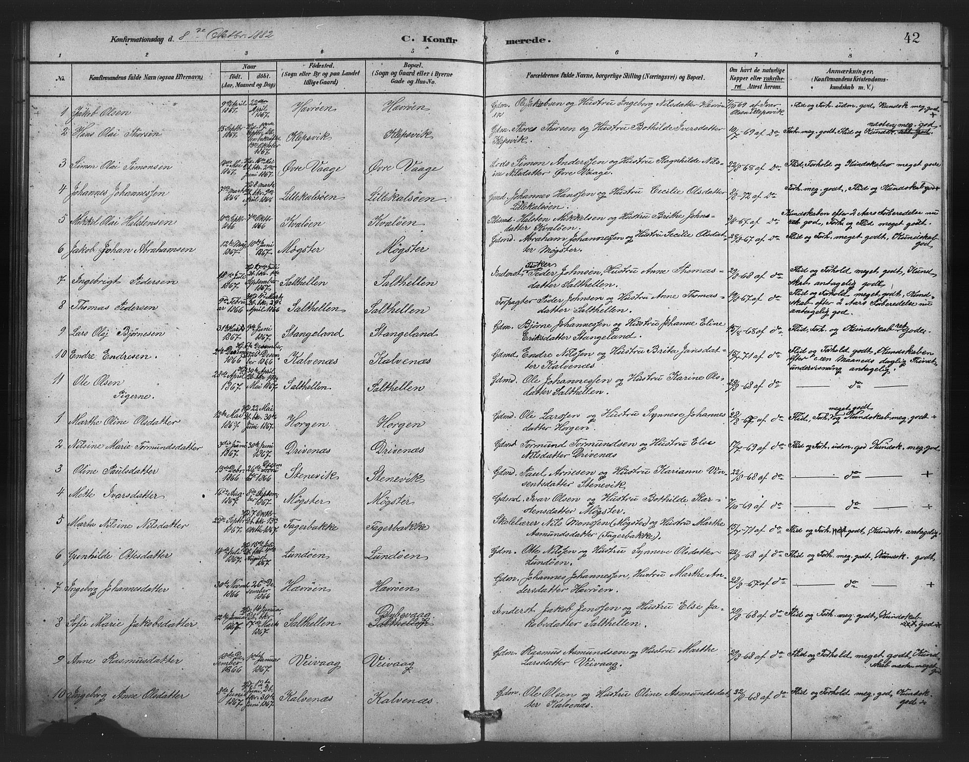 Austevoll sokneprestembete, AV/SAB-A-74201/H/Ha/Hab/Habb/L0003: Parish register (copy) no. B 3, 1879-1888, p. 42