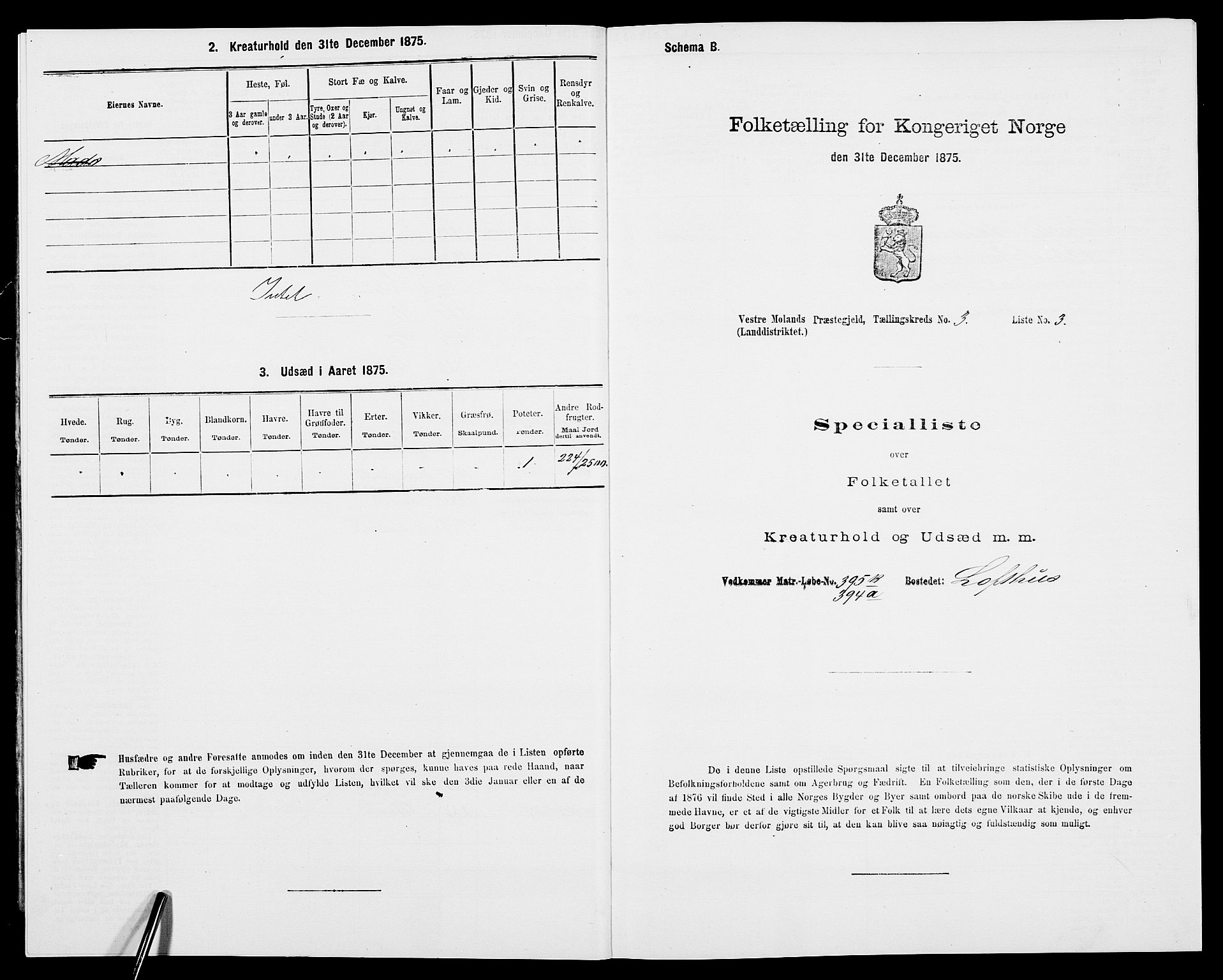 SAK, 1875 census for 0926L Vestre Moland/Vestre Moland, 1875, p. 396