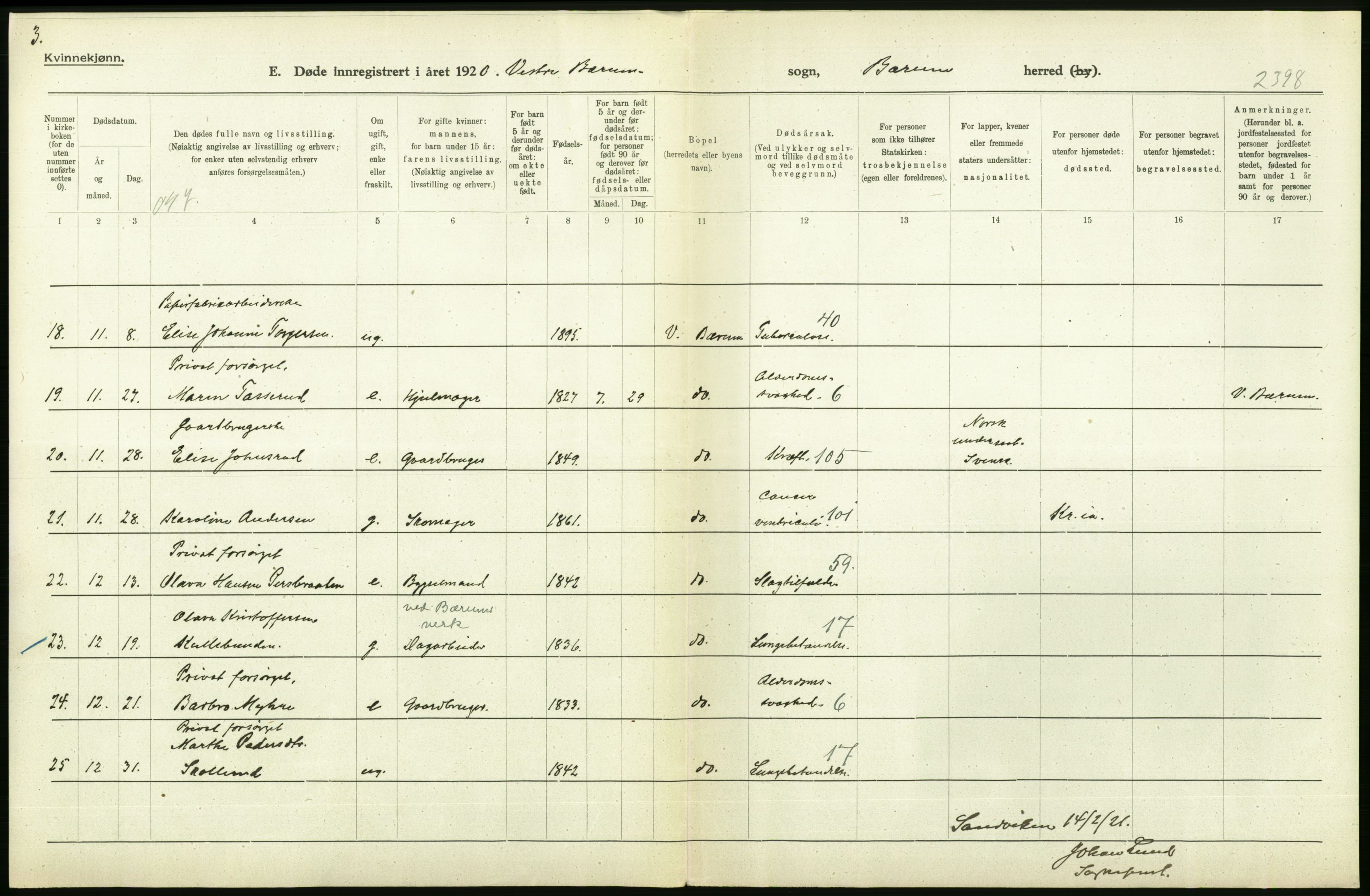 Statistisk sentralbyrå, Sosiodemografiske emner, Befolkning, RA/S-2228/D/Df/Dfb/Dfbj/L0007: Akershus fylke: Døde. Bygder og byer., 1920, p. 360