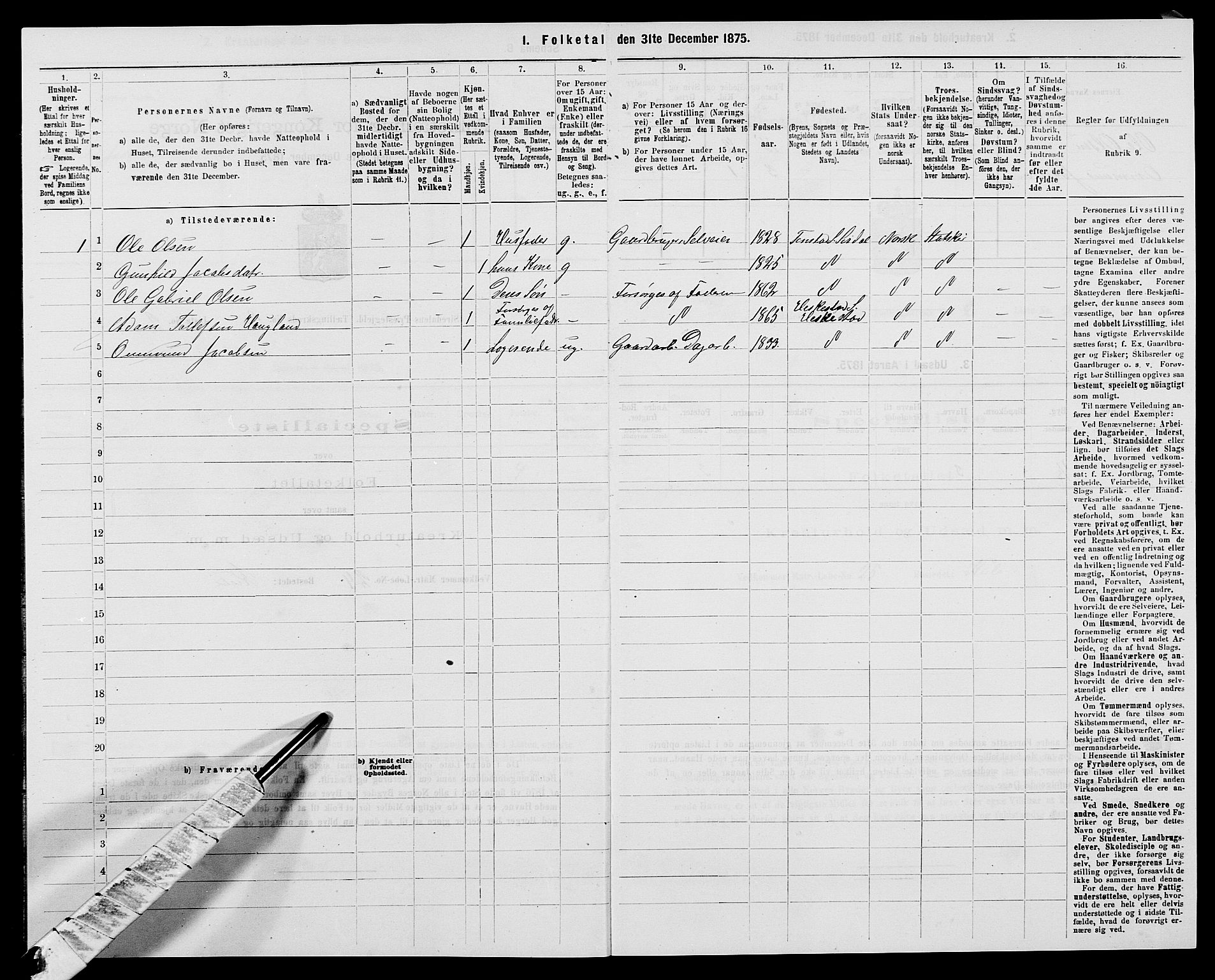 SAK, 1875 census for 1046P Sirdal, 1875, p. 141