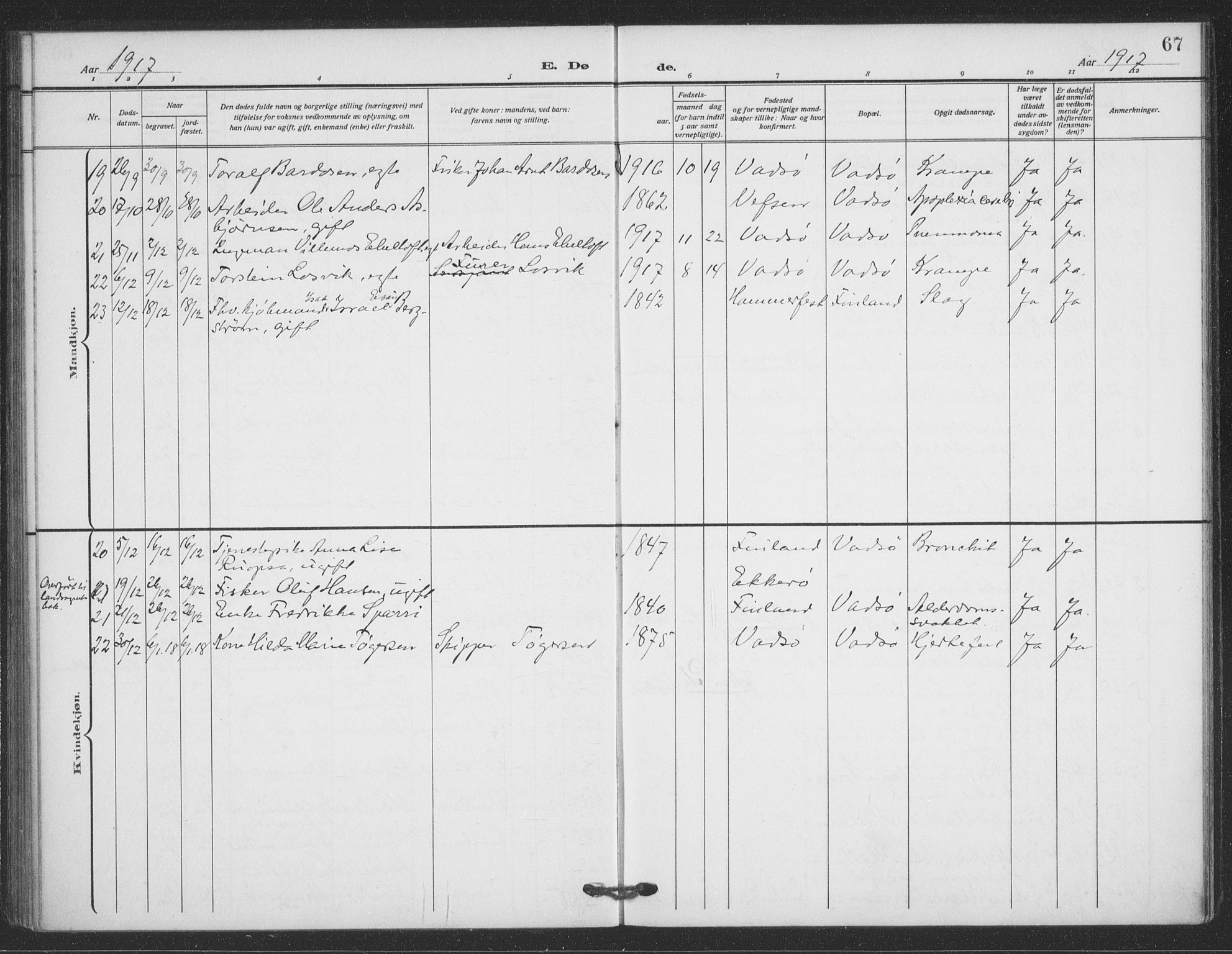 Vadsø sokneprestkontor, SATØ/S-1325/H/Ha/L0008kirke: Parish register (official) no. 8, 1912-1930, p. 67