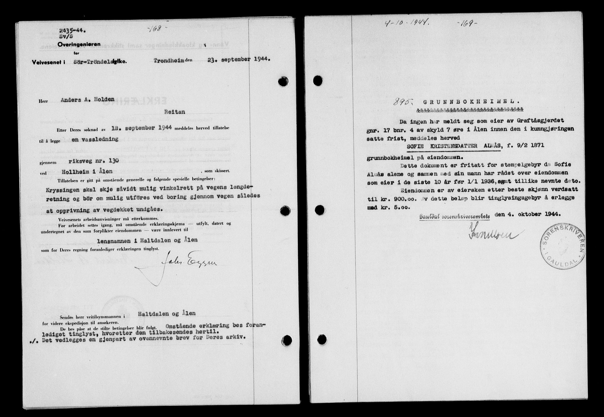 Gauldal sorenskriveri, SAT/A-0014/1/2/2C/L0058: Mortgage book no. 63, 1944-1945, Diary no: : 895/1944