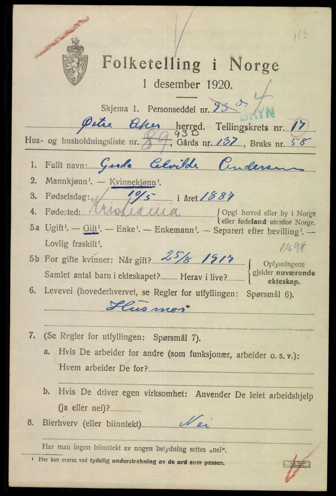 SAO, 1920 census for Aker, 1920, p. 104274