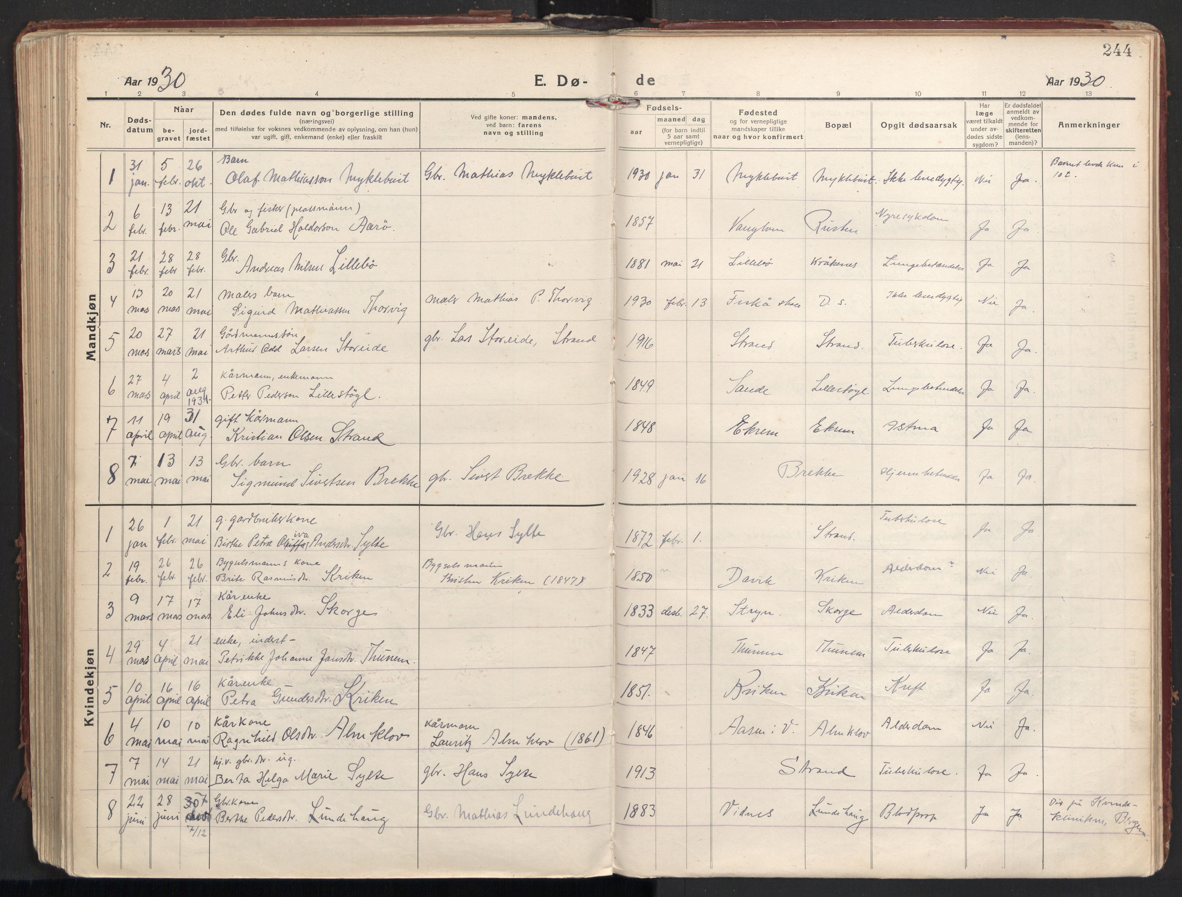 Ministerialprotokoller, klokkerbøker og fødselsregistre - Møre og Romsdal, SAT/A-1454/501/L0012: Parish register (official) no. 501A12, 1920-1946, p. 244