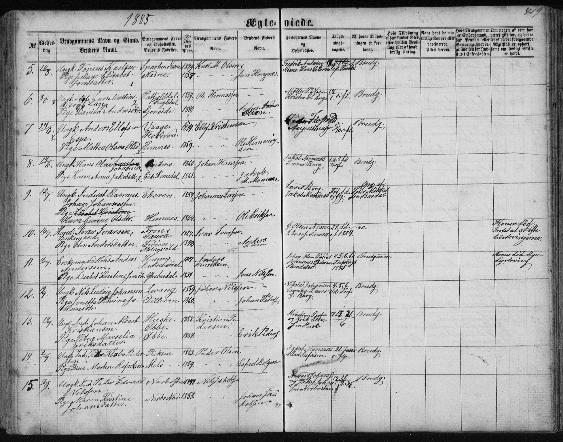 Ministerialprotokoller, klokkerbøker og fødselsregistre - Nordland, AV/SAT-A-1459/838/L0556: Parish register (copy) no. 838C03, 1861-1893, p. 419