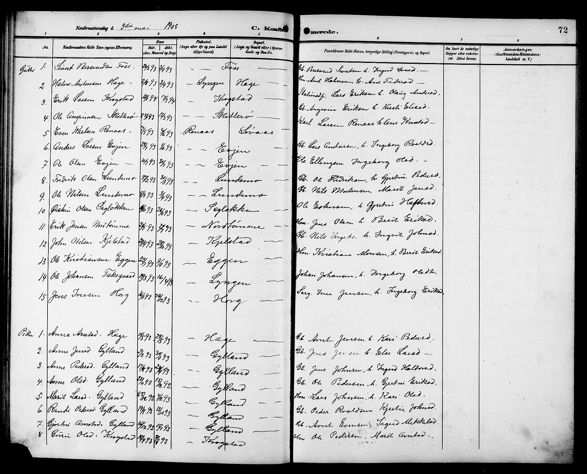 Ministerialprotokoller, klokkerbøker og fødselsregistre - Sør-Trøndelag, SAT/A-1456/692/L1112: Parish register (copy) no. 692C07, 1904-1918, p. 72