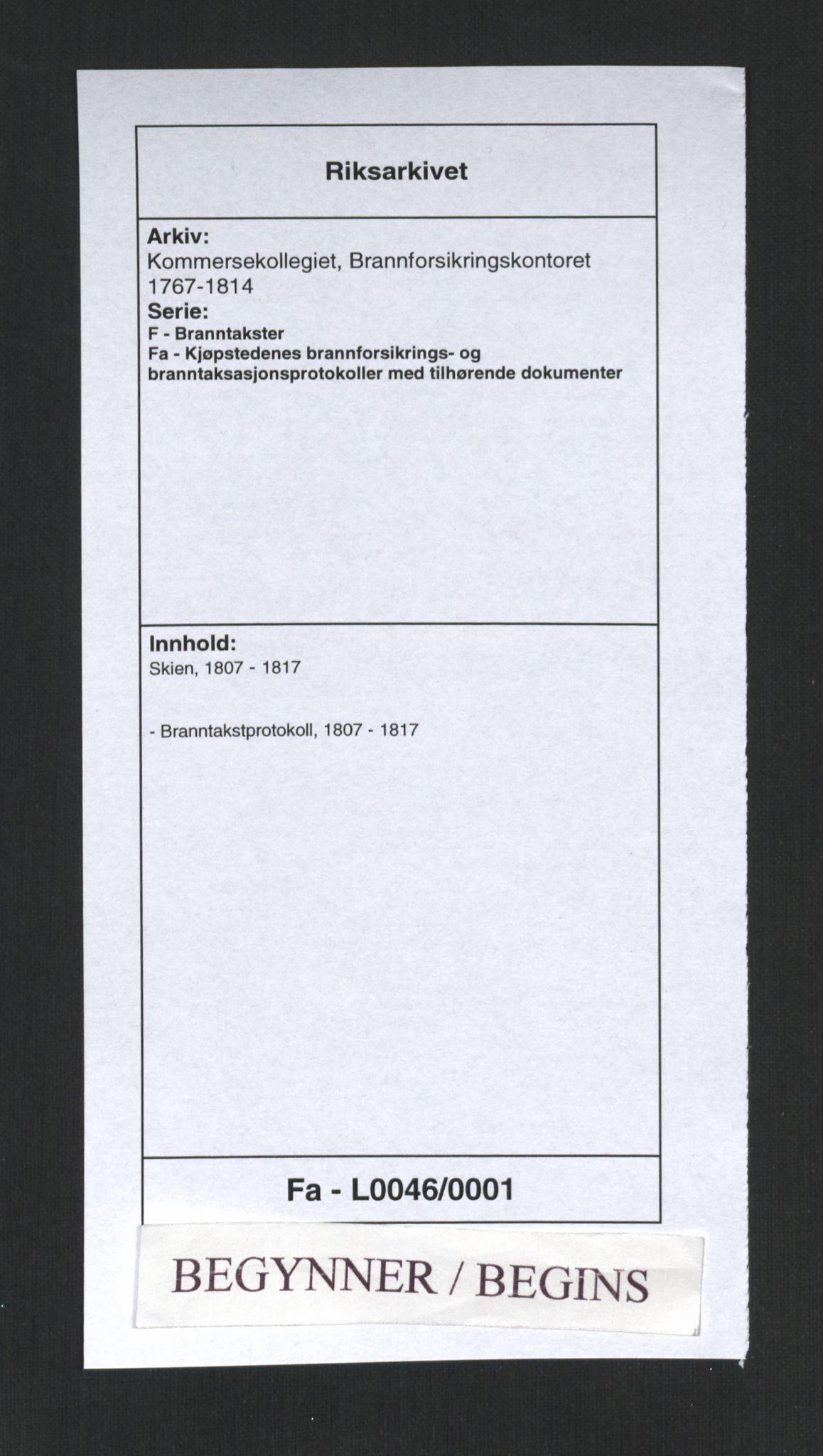 Kommersekollegiet, Brannforsikringskontoret 1767-1814, RA/EA-5458/F/Fa/L0046/0001: Skien / Branntakstprotokoll, 1807-1817