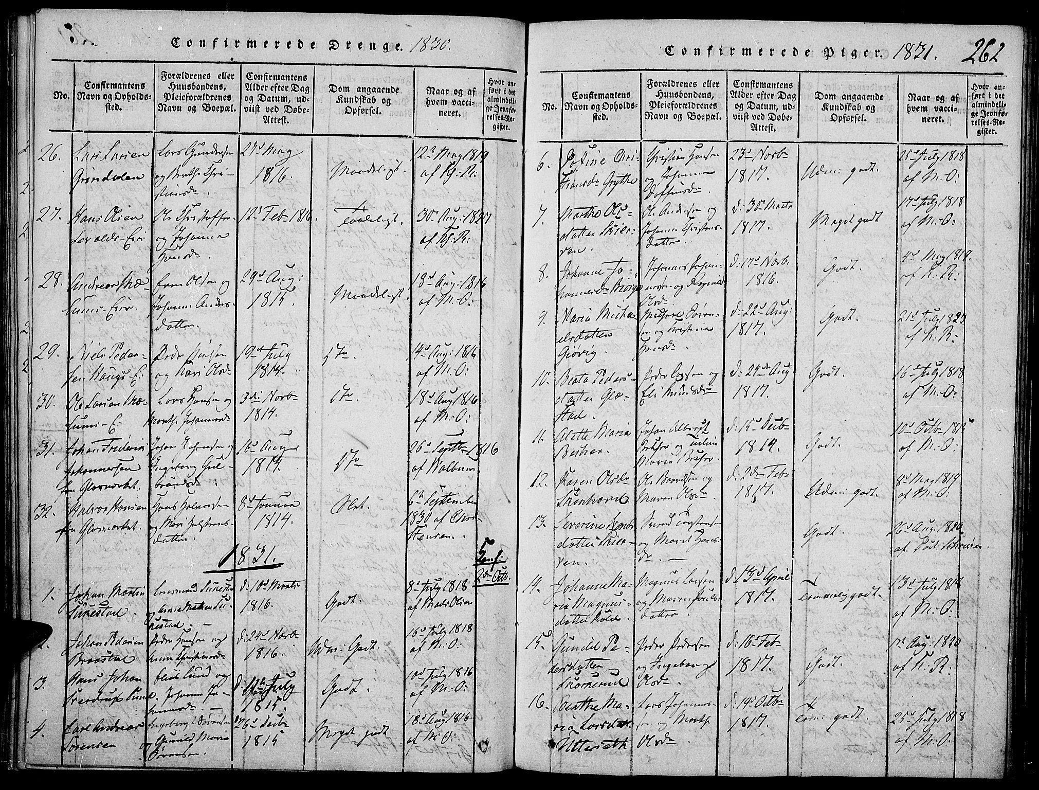 Vardal prestekontor, SAH/PREST-100/H/Ha/Haa/L0004: Parish register (official) no. 4, 1814-1831, p. 262