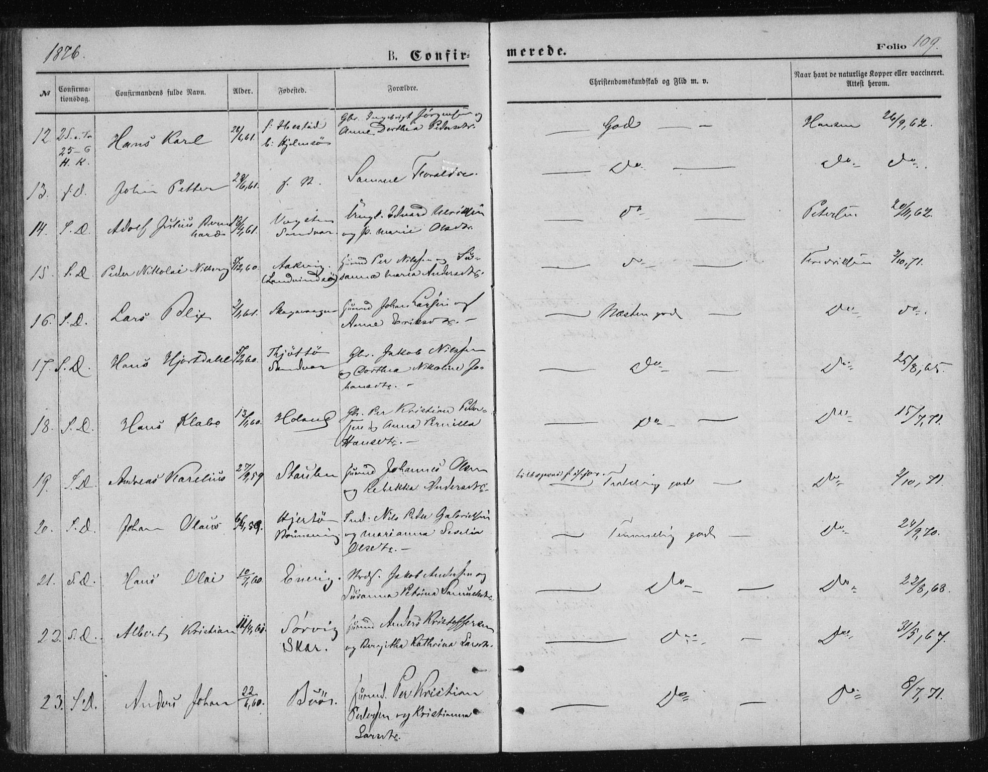 Ministerialprotokoller, klokkerbøker og fødselsregistre - Nordland, SAT/A-1459/834/L0506: Parish register (official) no. 834A04, 1872-1878, p. 109