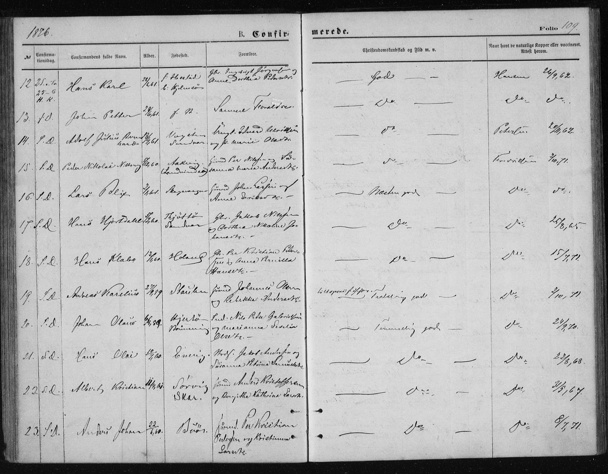 Ministerialprotokoller, klokkerbøker og fødselsregistre - Nordland, AV/SAT-A-1459/834/L0506: Parish register (official) no. 834A04, 1872-1878, p. 109