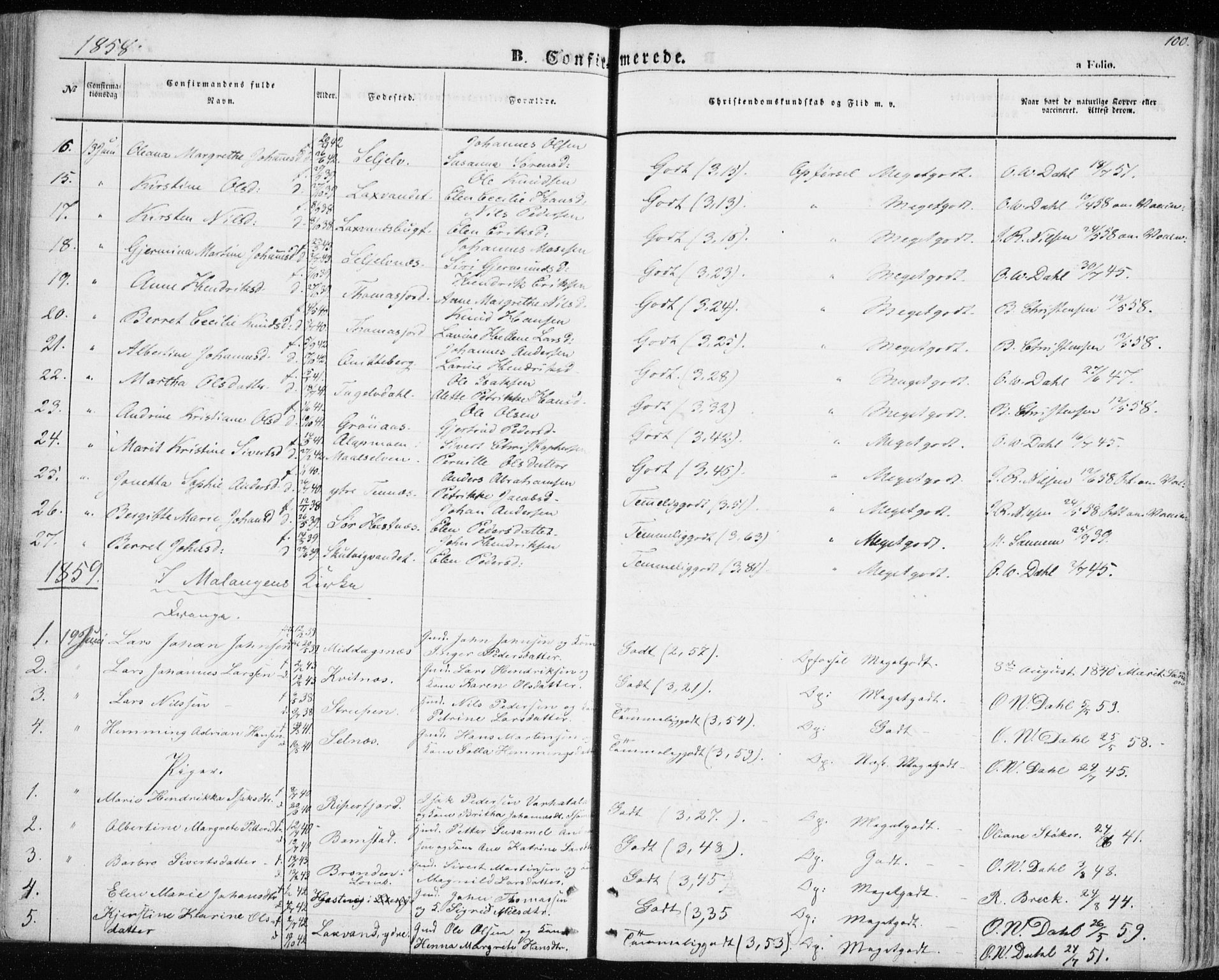 Balsfjord sokneprestembete, AV/SATØ-S-1303/G/Gaa/L0003kirke: Parish register (official) no. 3, 1856-1870, p. 100
