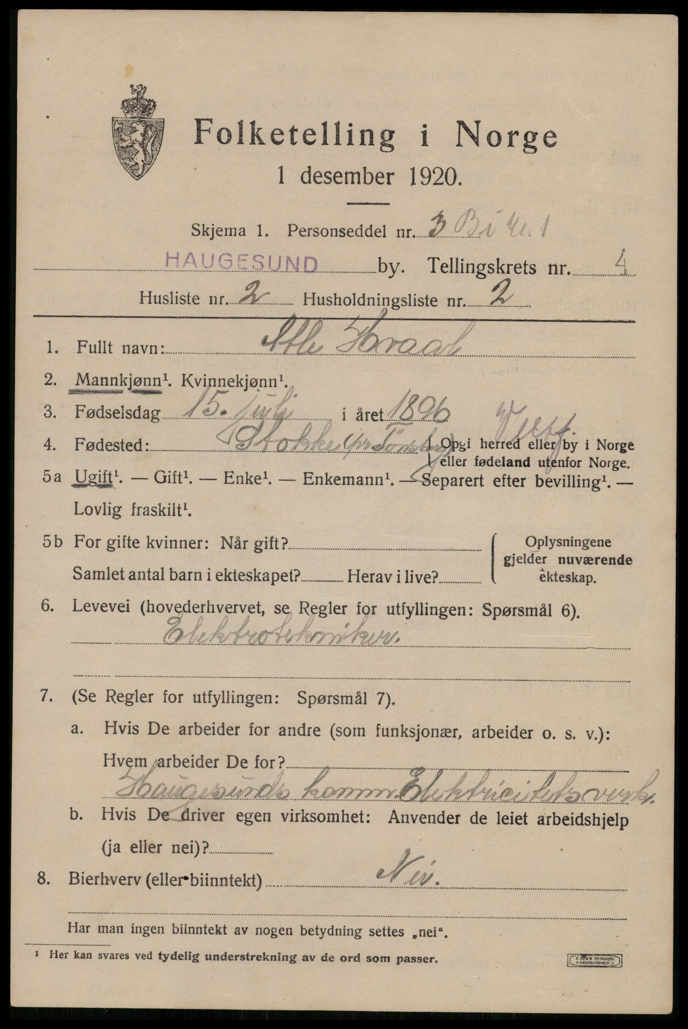 SAST, 1920 census for Haugesund, 1920, p. 15243