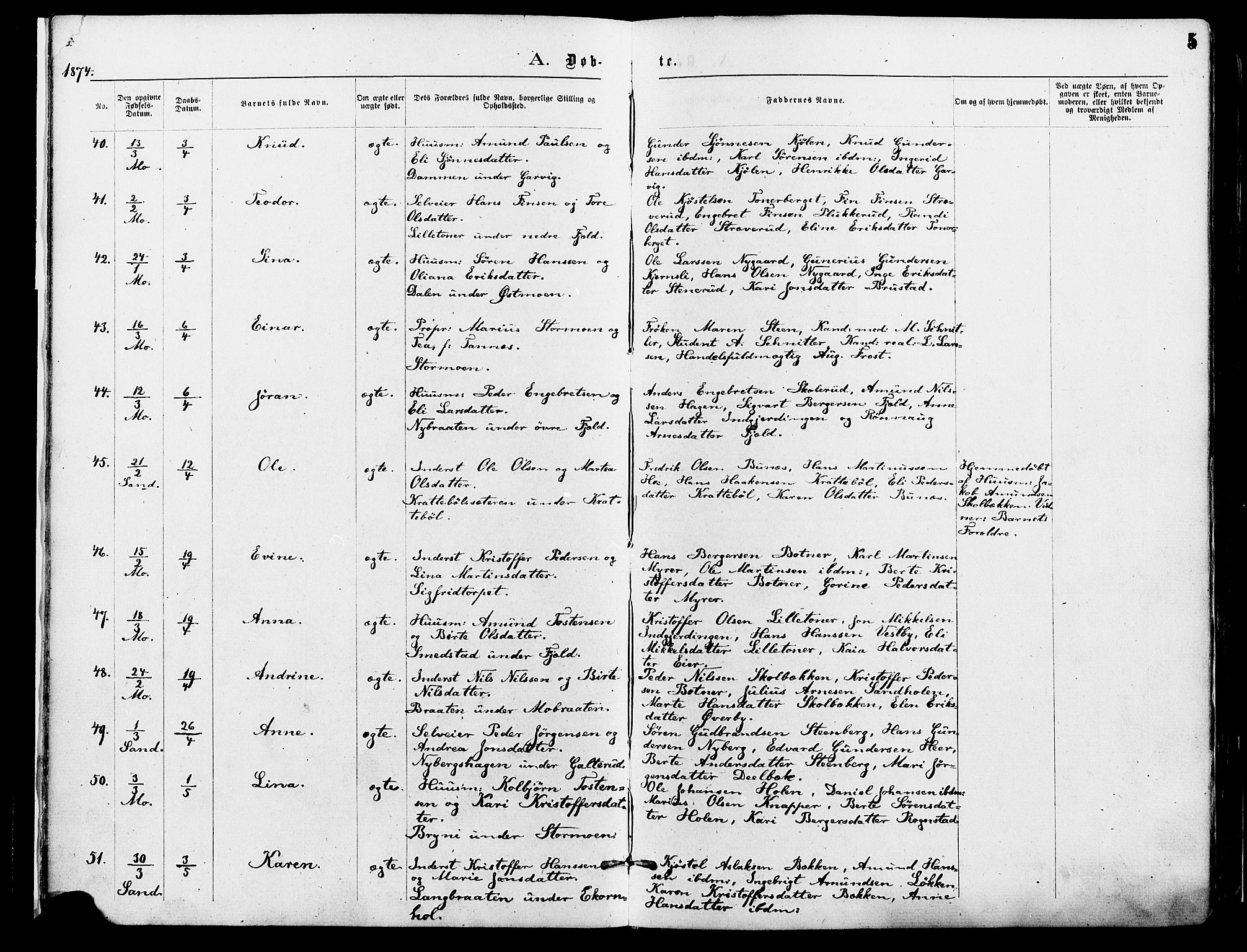 Nord-Odal prestekontor, AV/SAH-PREST-032/H/Ha/Haa/L0005: Parish register (official) no. 5, 1874-1885, p. 5