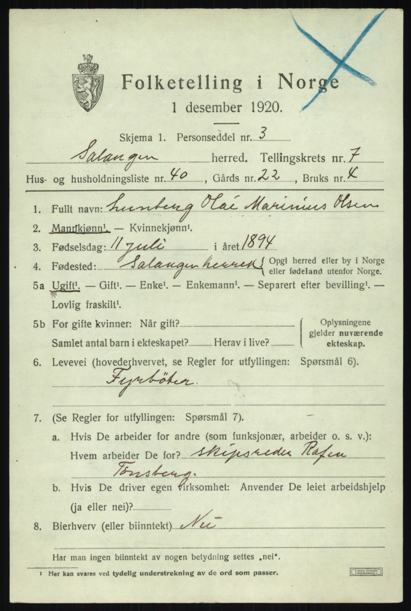 SATØ, 1920 census for Salangen, 1920, p. 5180