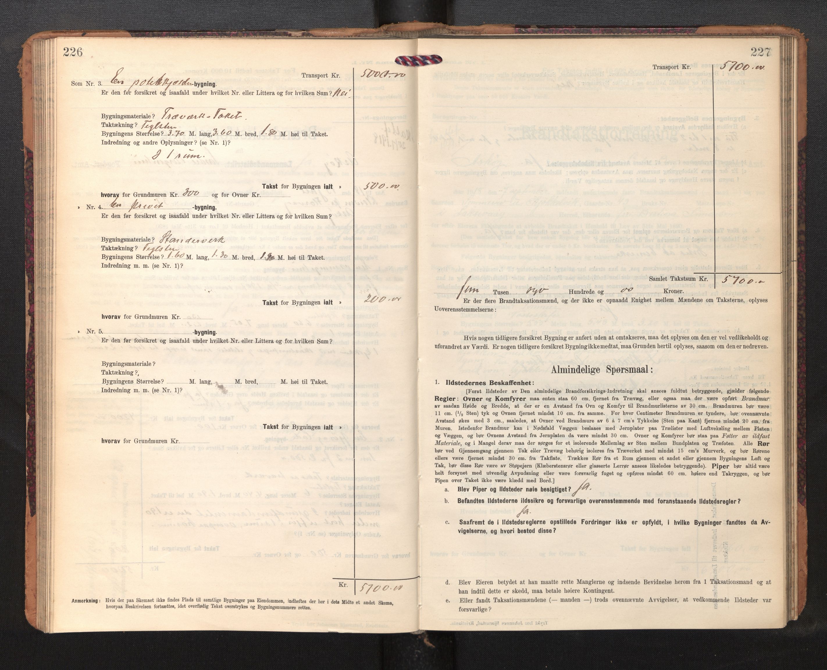 Lensmannen i Askøy, AV/SAB-A-31001/0012/L0007: Branntakstprotokoll, skjematakst, 1910-1919, p. 226-227