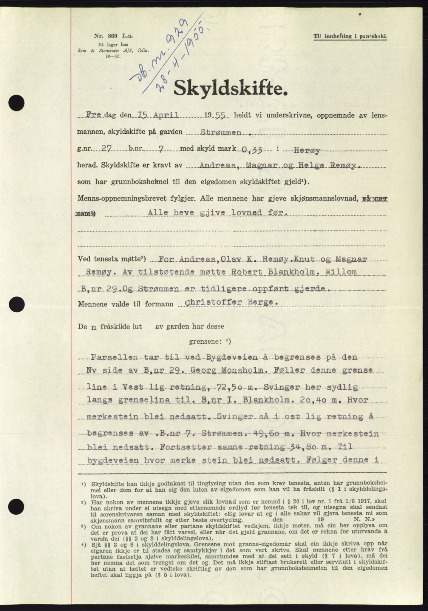 Søre Sunnmøre sorenskriveri, AV/SAT-A-4122/1/2/2C/L0100: Mortgage book no. 26A, 1954-1955, Diary no: : 929/1955