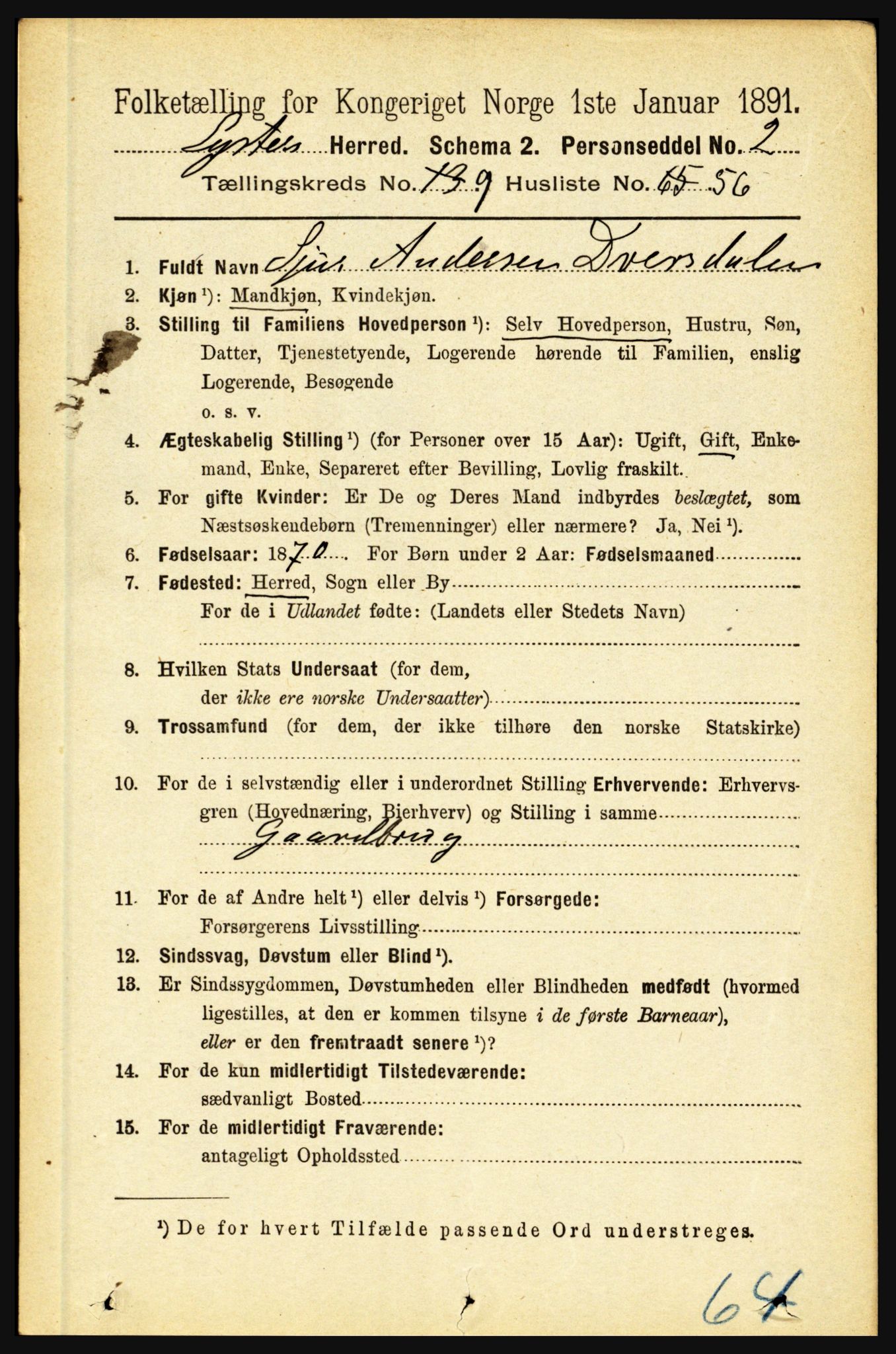 RA, 1891 census for 1426 Luster, 1891, p. 3091