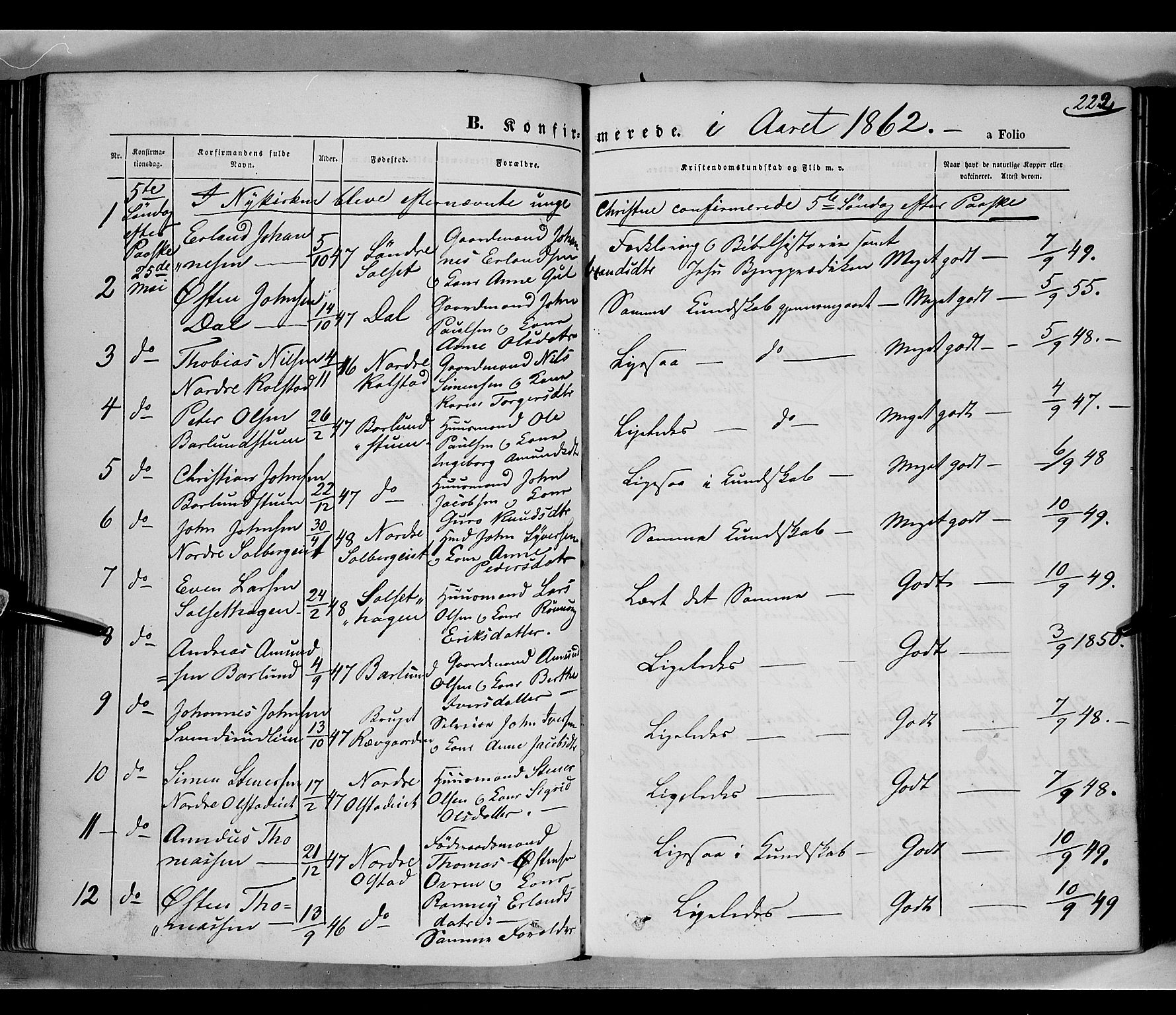 Gausdal prestekontor, SAH/PREST-090/H/Ha/Haa/L0009: Parish register (official) no. 9, 1862-1873, p. 222