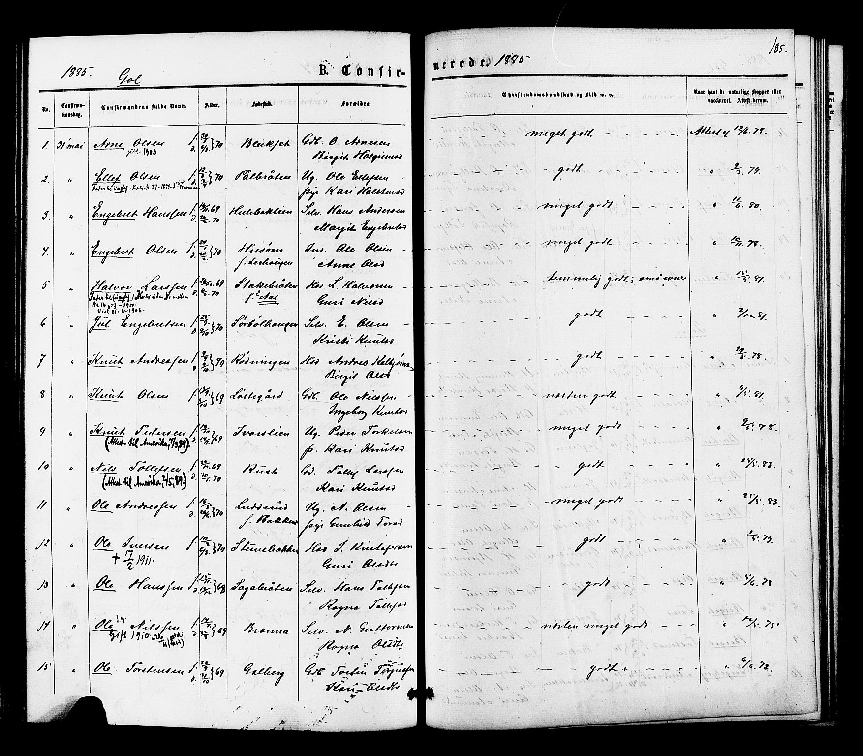Gol kirkebøker, SAKO/A-226/F/Fa/L0004: Parish register (official) no. I 4, 1876-1886, p. 185
