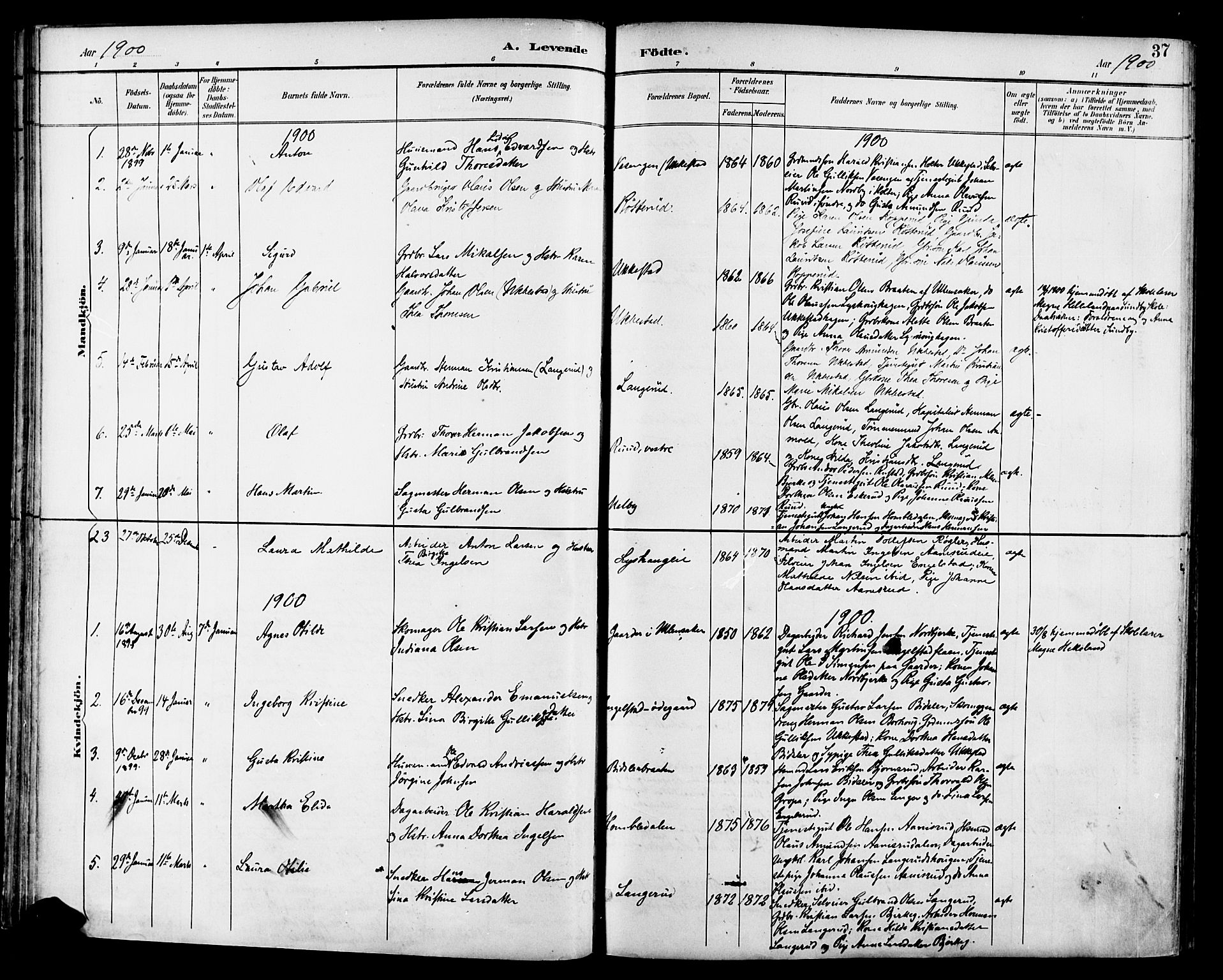 Nannestad prestekontor Kirkebøker, SAO/A-10414a/F/Fa/L0015: Parish register (official) no. I 15, 1891-1905, p. 37