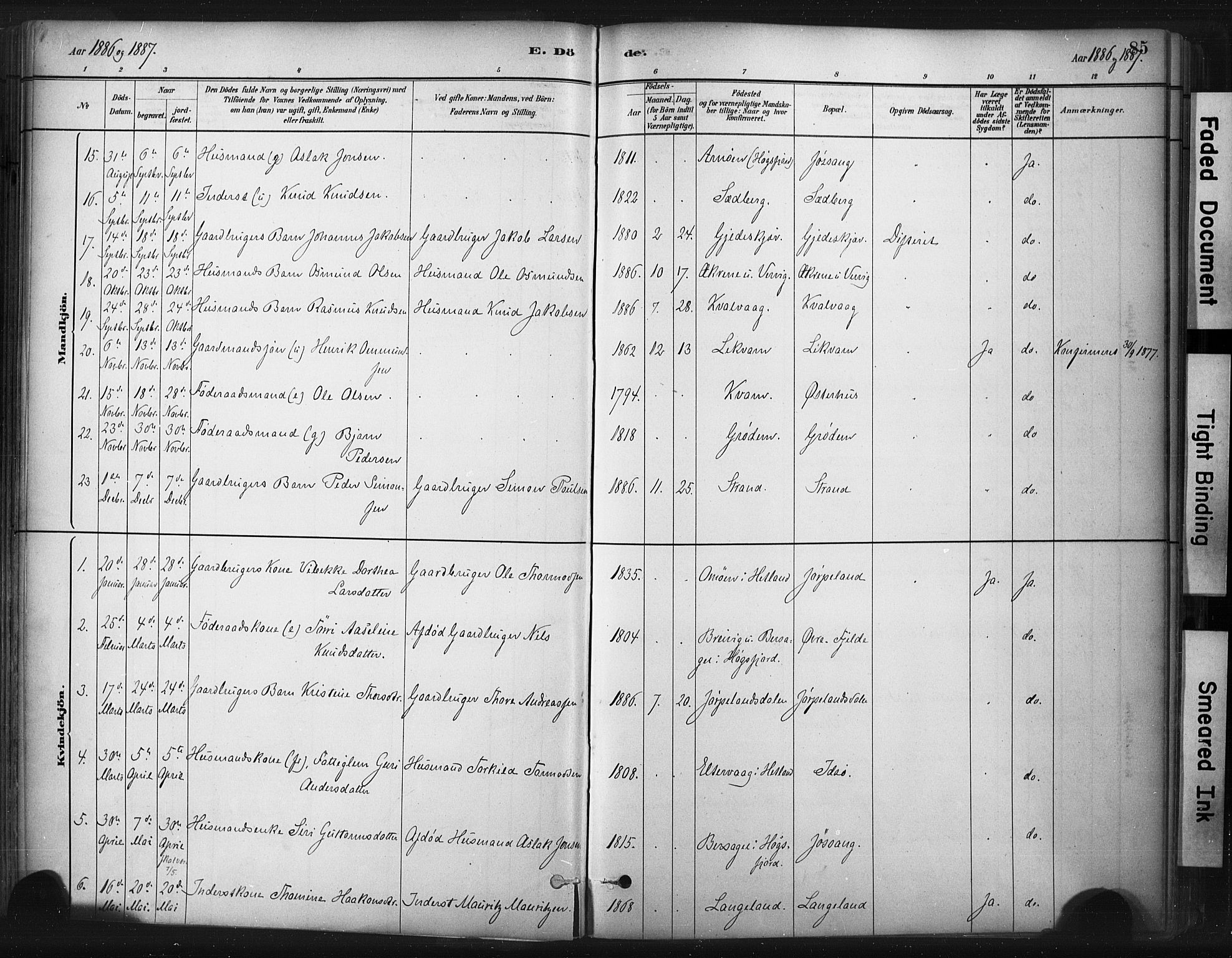 Strand sokneprestkontor, SAST/A-101828/H/Ha/Haa/L0010: Parish register (official) no. A 10, 1882-1929, p. 85
