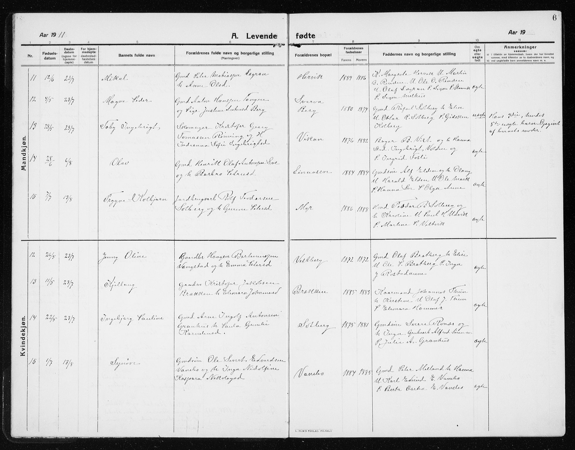 Ministerialprotokoller, klokkerbøker og fødselsregistre - Nord-Trøndelag, AV/SAT-A-1458/741/L0402: Parish register (copy) no. 741C03, 1911-1926, p. 6