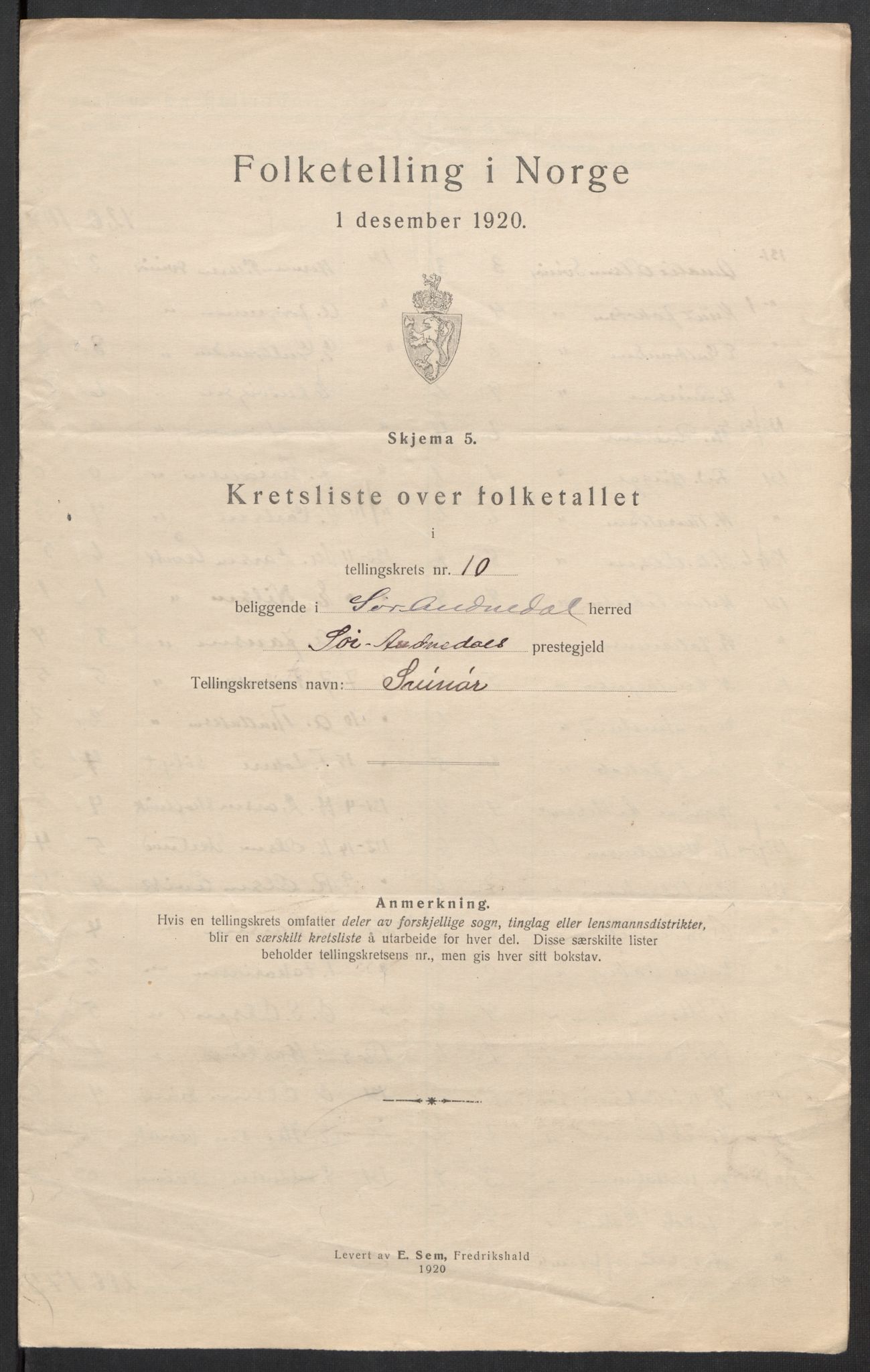 SAK, 1920 census for Sør-Audnedal, 1920, p. 46