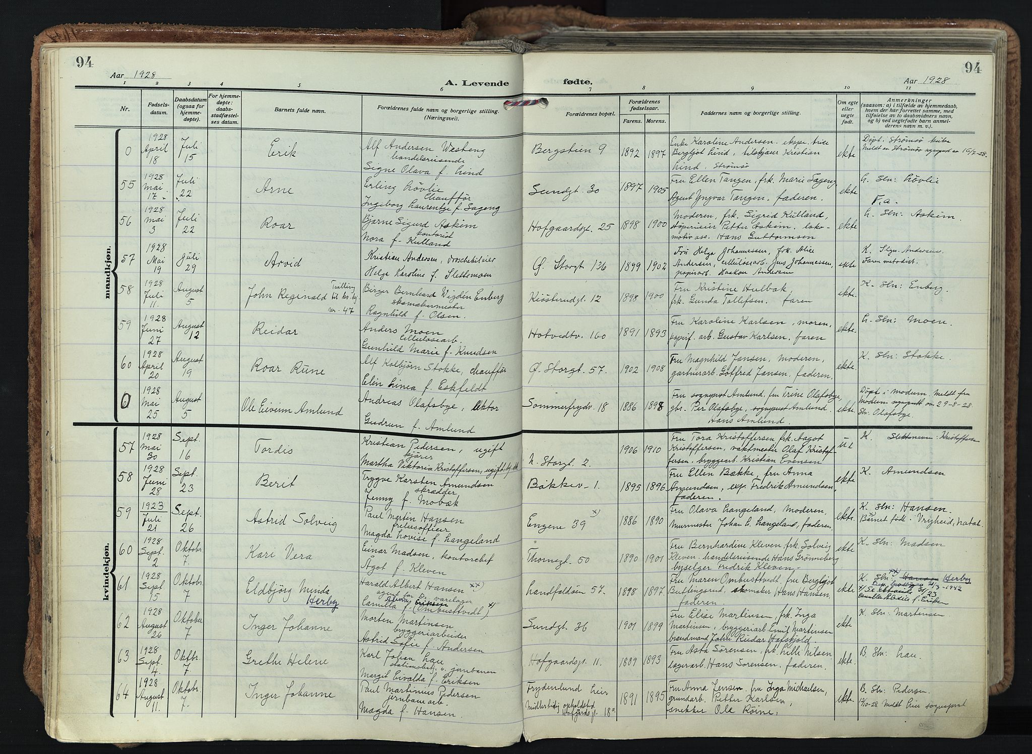 Bragernes kirkebøker, AV/SAKO-A-6/F/Fb/L0011: Parish register (official) no. II 11, 1922-1945, p. 94