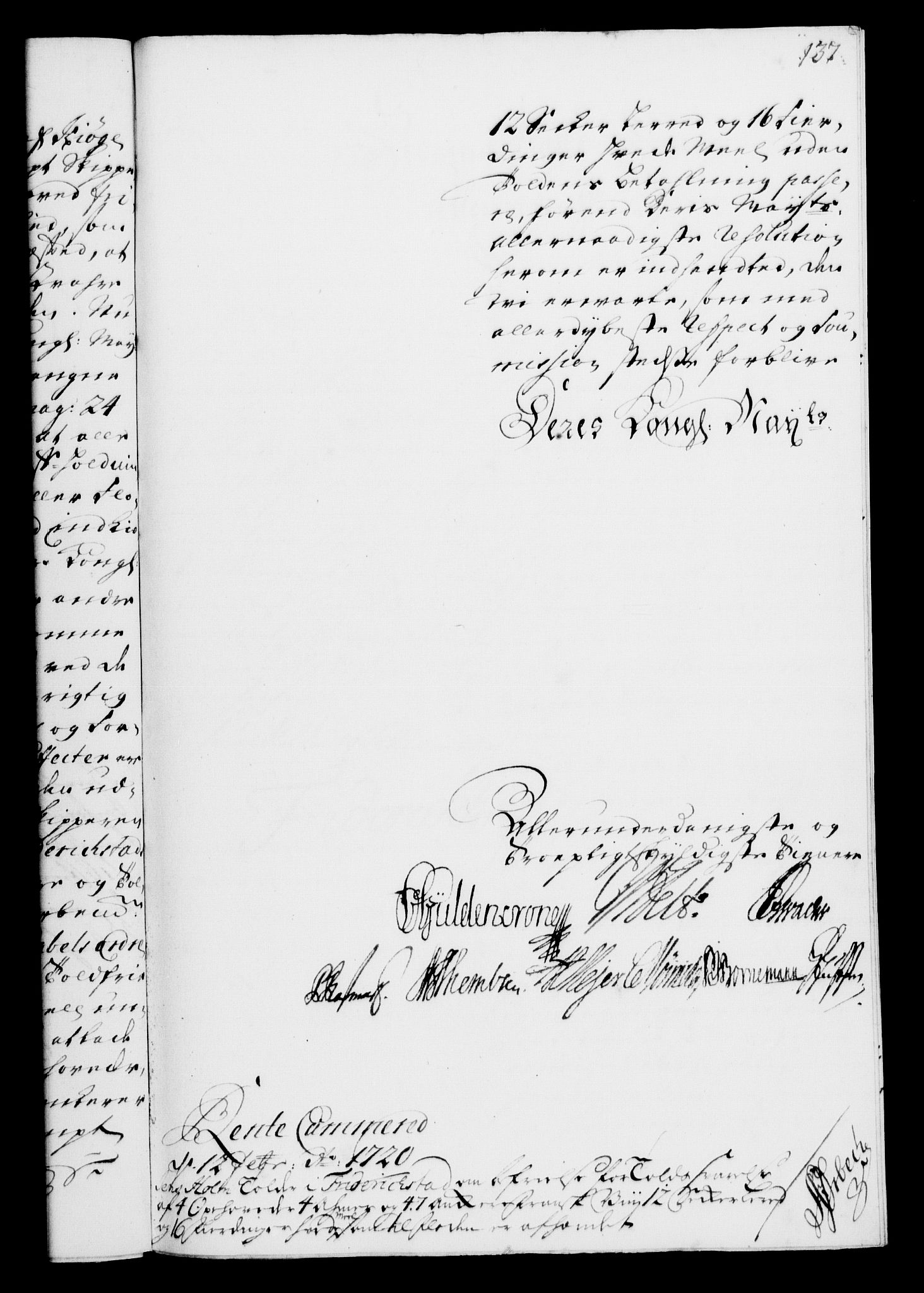 Rentekammeret, Kammerkanselliet, RA/EA-3111/G/Gf/Gfa/L0002: Norsk relasjons- og resolusjonsprotokoll (merket RK 52.2), 1720, p. 137