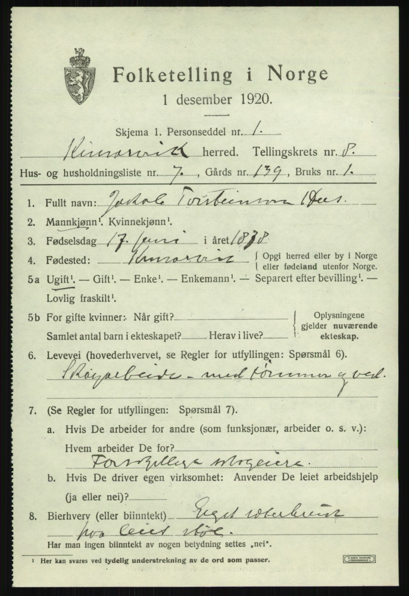 SAB, 1920 census for Kinsarvik, 1920, p. 3686