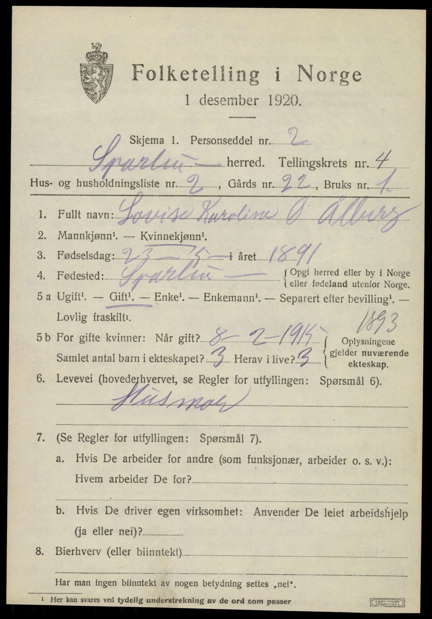 SAT, 1920 census for Sparbu, 1920, p. 5187