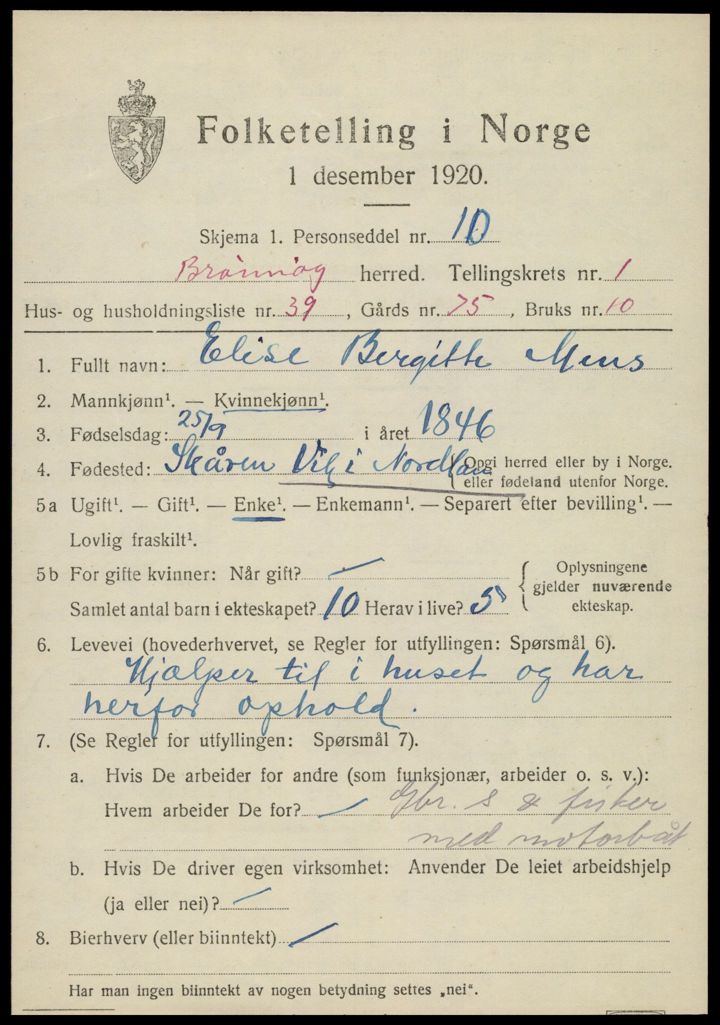 SAT, 1920 census for Brønnøy, 1920, p. 1840