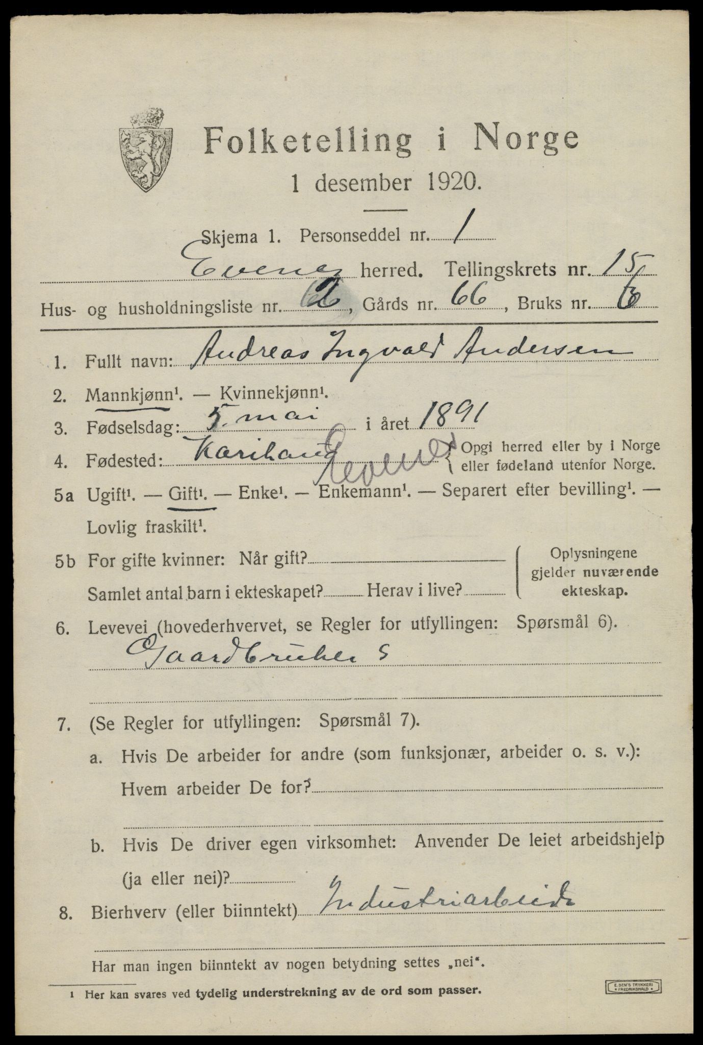 SAT, 1920 census for Evenes, 1920, p. 12750