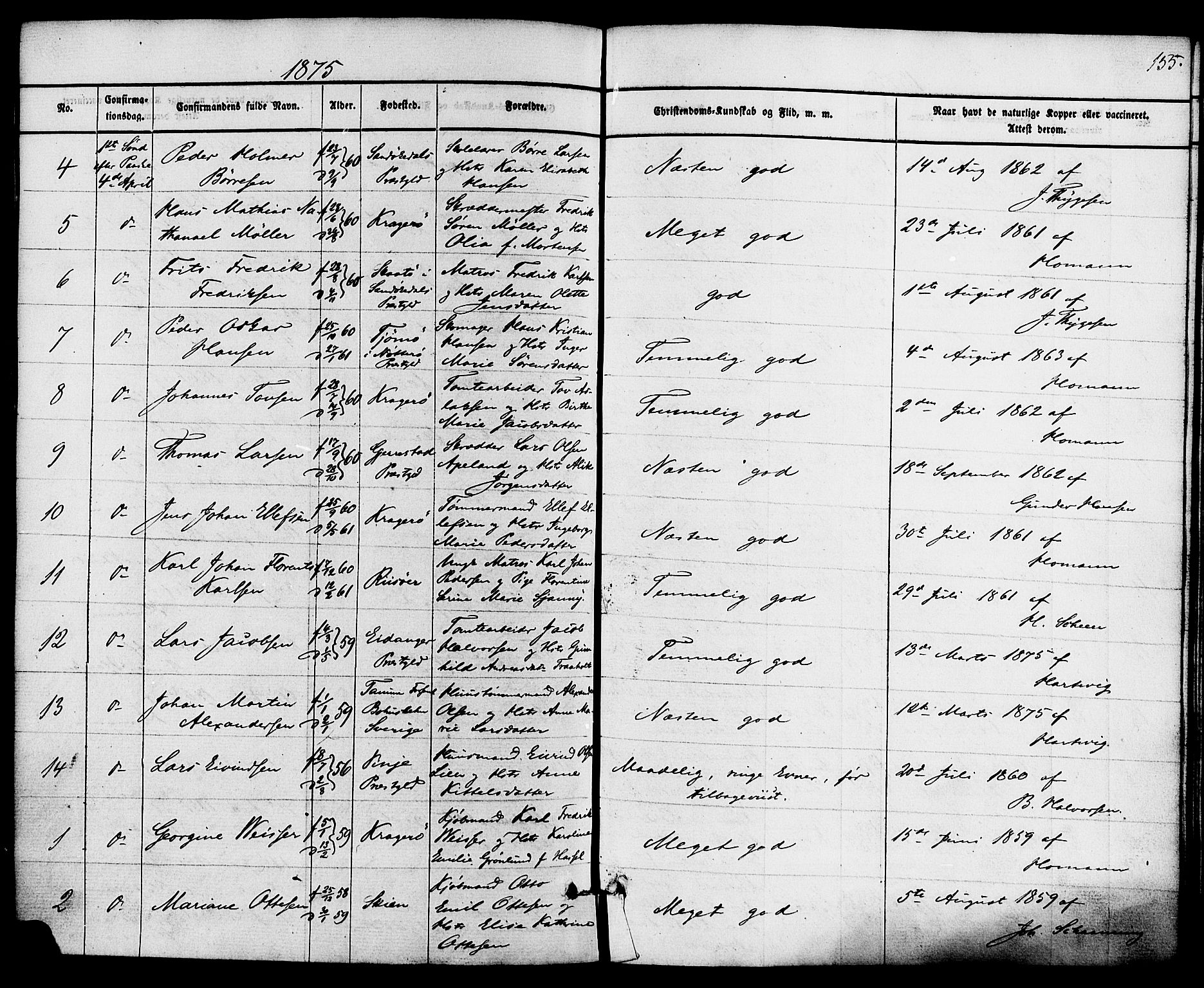 Kragerø kirkebøker, AV/SAKO-A-278/F/Fa/L0008: Parish register (official) no. 8, 1856-1880, p. 155