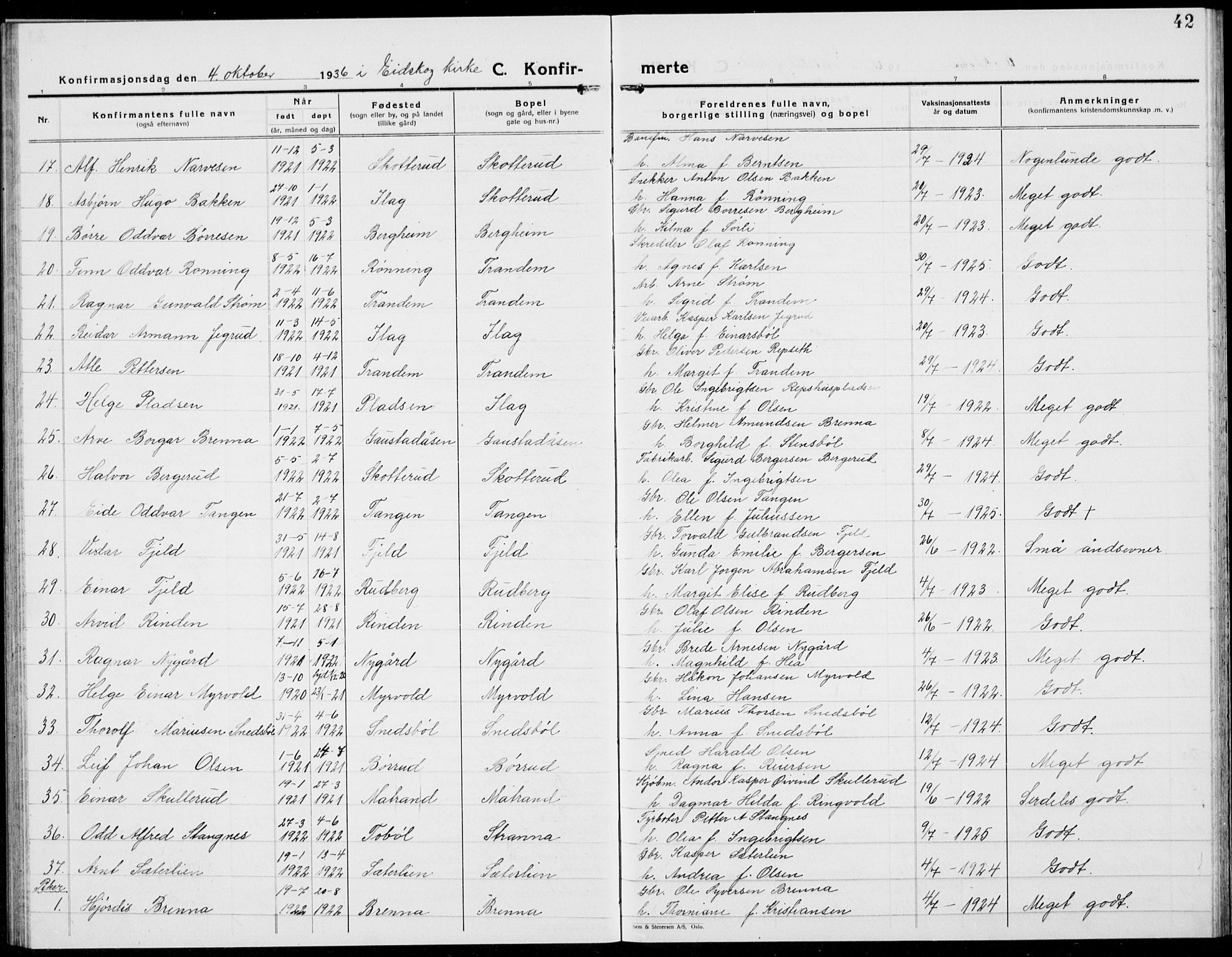Eidskog prestekontor, AV/SAH-PREST-026/H/Ha/Hab/L0007: Parish register (copy) no. 7, 1925-1938, p. 42