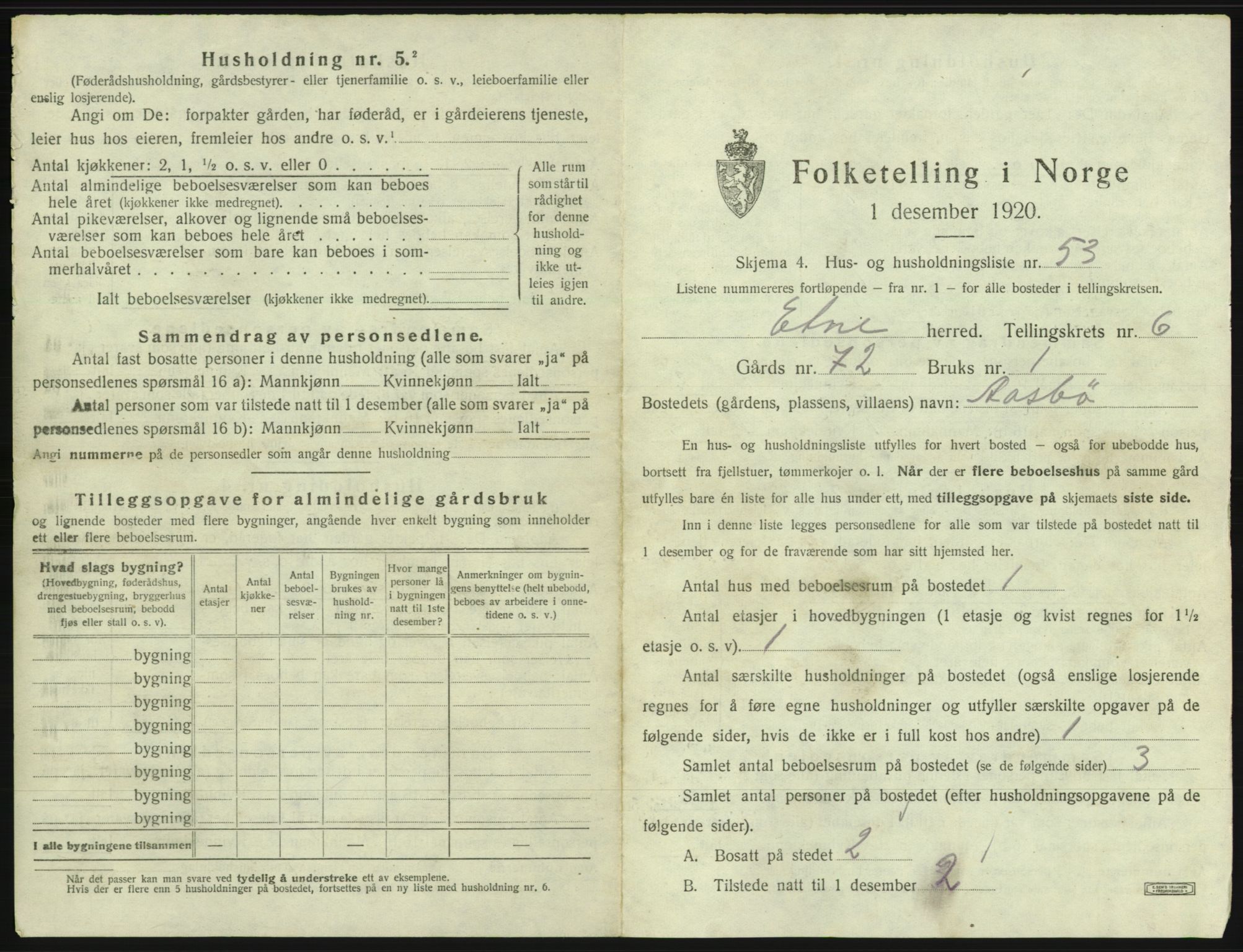 SAB, 1920 census for Etne, 1920, p. 518