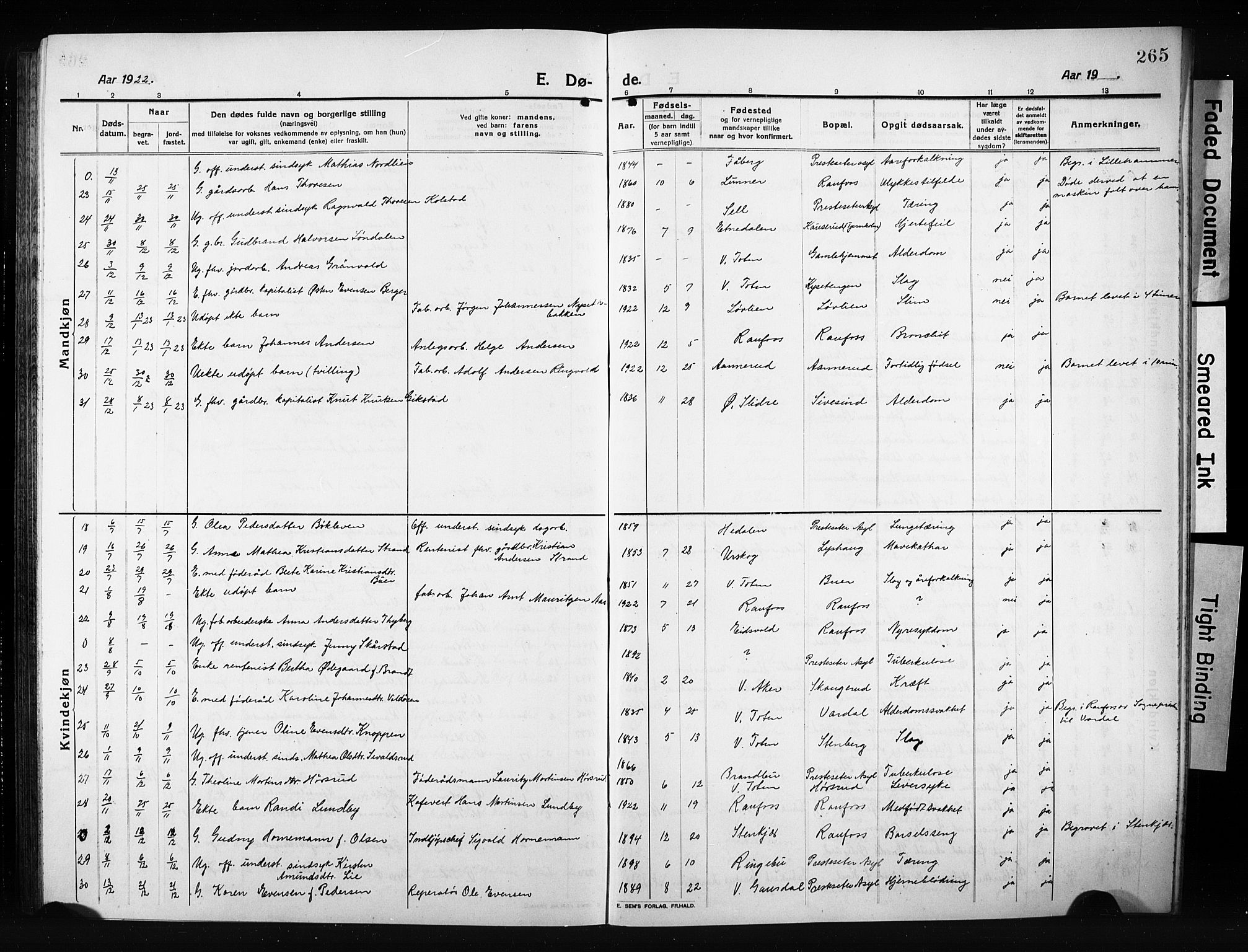 Vestre Toten prestekontor, AV/SAH-PREST-108/H/Ha/Hab/L0012: Parish register (copy) no. 12, 1909-1928, p. 265