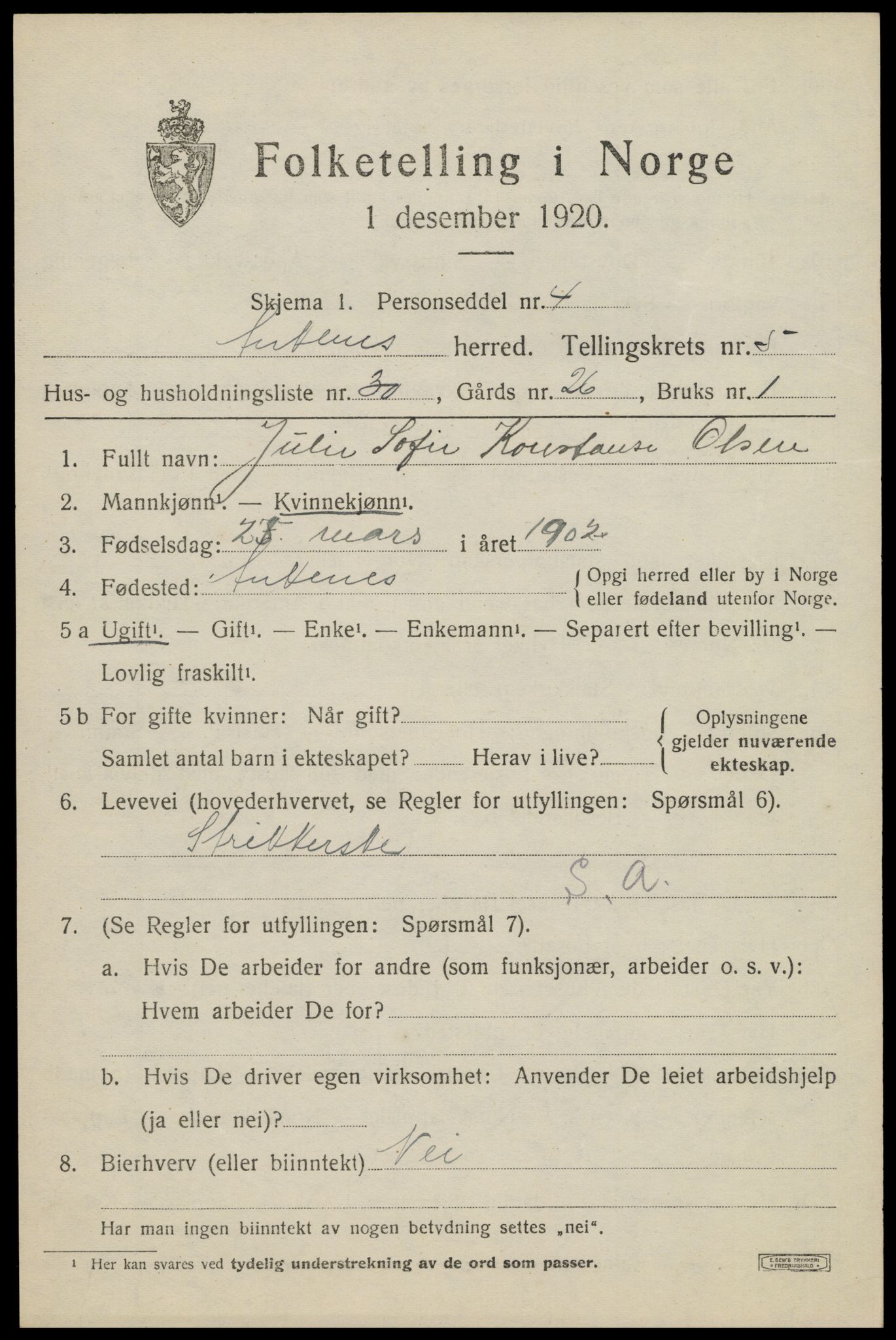 SAT, 1920 census for Ankenes, 1920, p. 3435