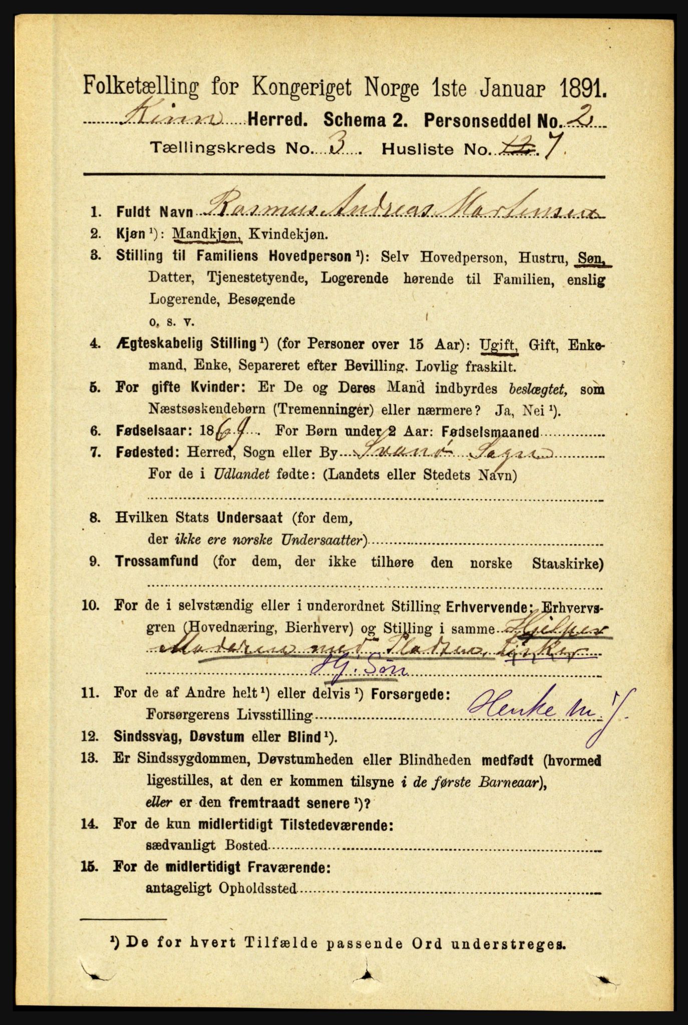 RA, 1891 census for 1437 Kinn, 1891, p. 986