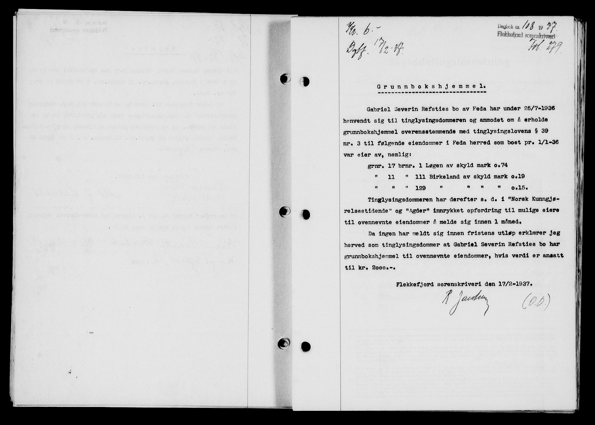 Flekkefjord sorenskriveri, SAK/1221-0001/G/Gb/Gba/L0053: Mortgage book no. A-1, 1936-1937, Diary no: : 108/1937