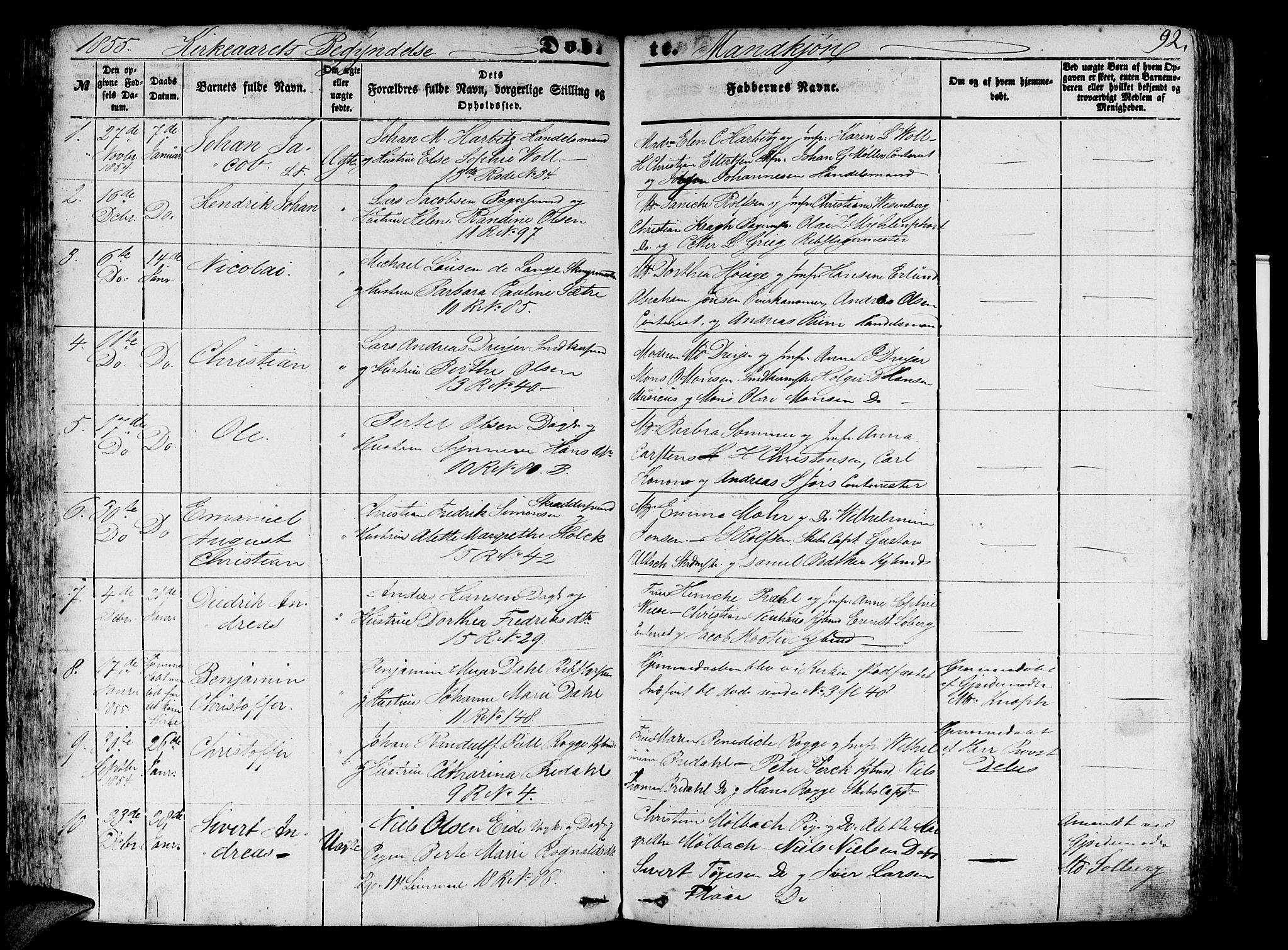 Domkirken sokneprestembete, SAB/A-74801/H/Hab/L0010: Parish register (copy) no. B 3, 1849-1856, p. 92