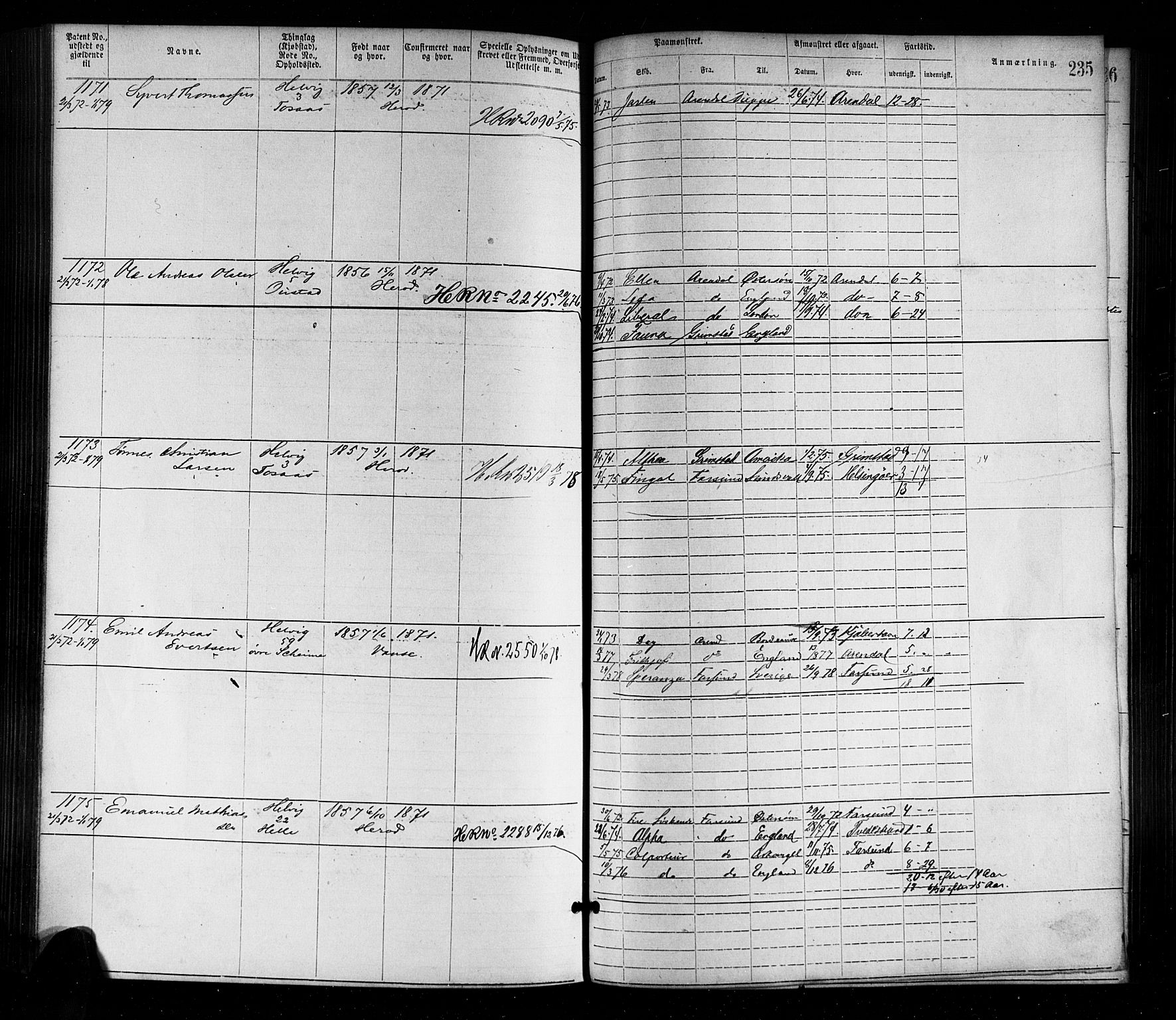 Farsund mønstringskrets, AV/SAK-2031-0017/F/Fa/L0001: Annotasjonsrulle nr 1-1920 med register, M-1, 1869-1877, p. 265