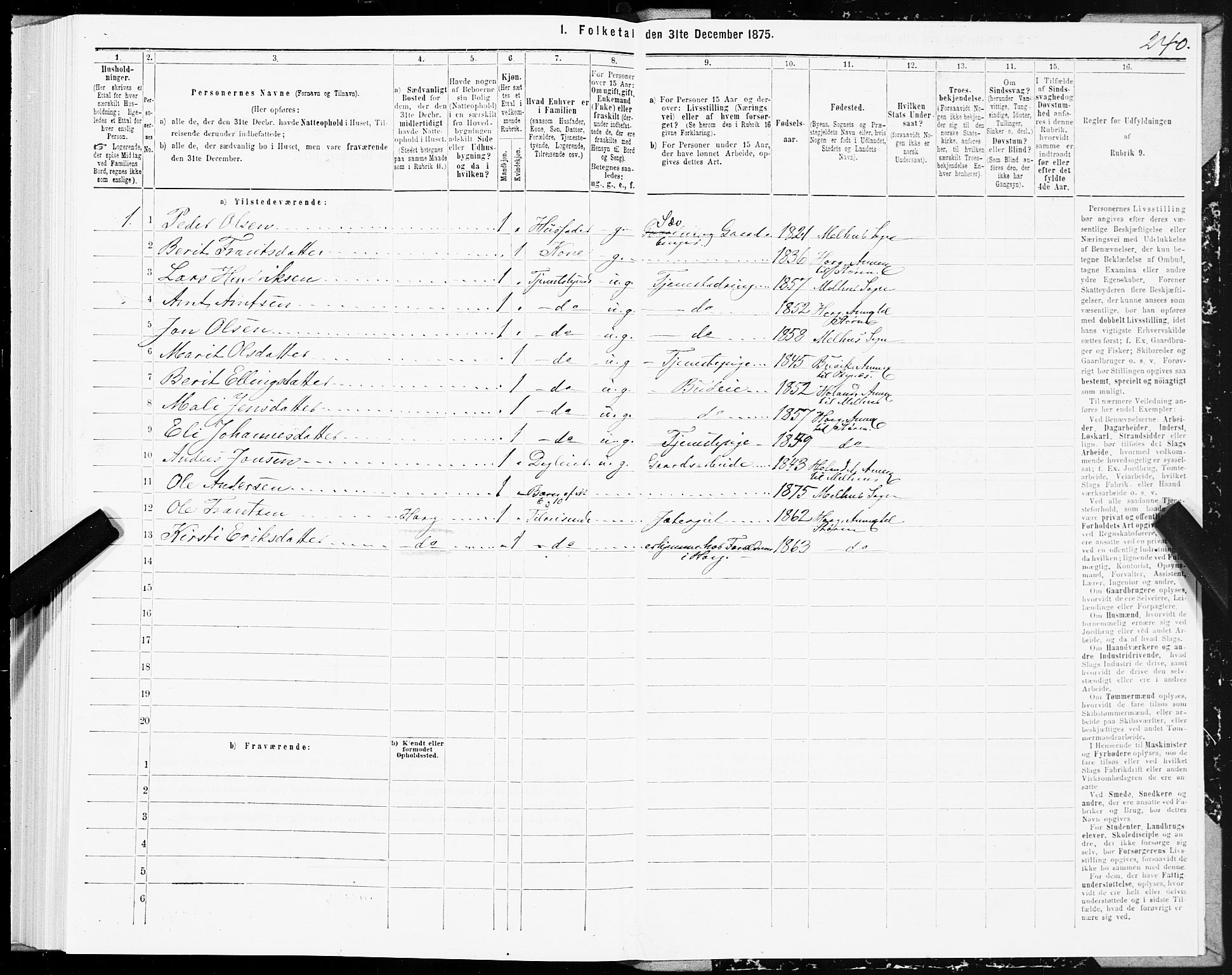 SAT, 1875 census for 1653P Melhus, 1875, p. 3240