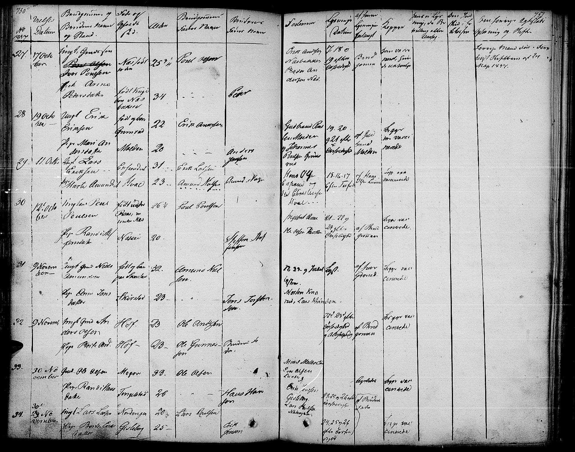 Gran prestekontor, AV/SAH-PREST-112/H/Ha/Haa/L0010: Parish register (official) no. 10, 1824-1842, p. 750-751