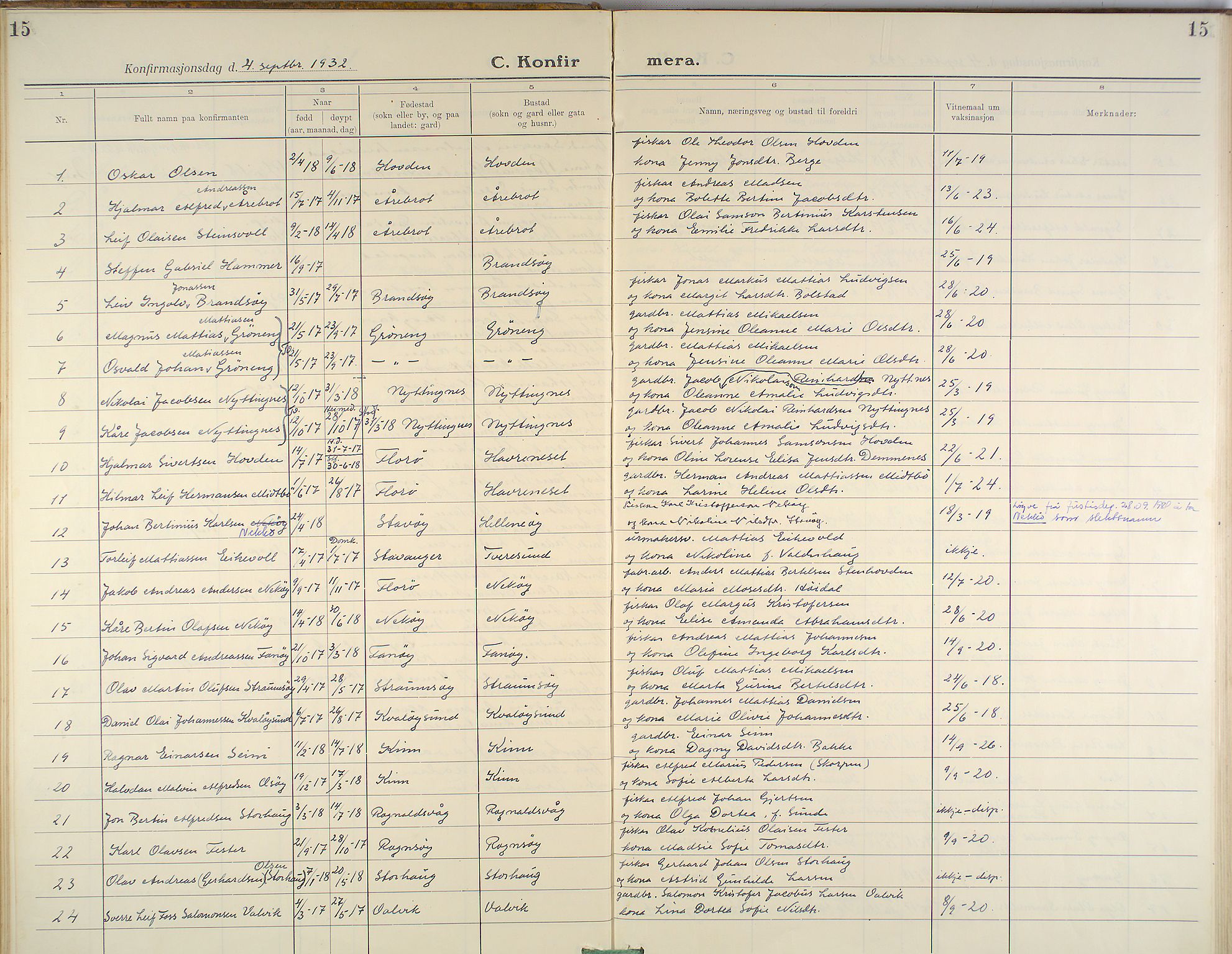 Kinn sokneprestembete, AV/SAB-A-80801/H/Haa/Haab/L0007: Parish register (official) no. B 7, 1926-1964, p. 15