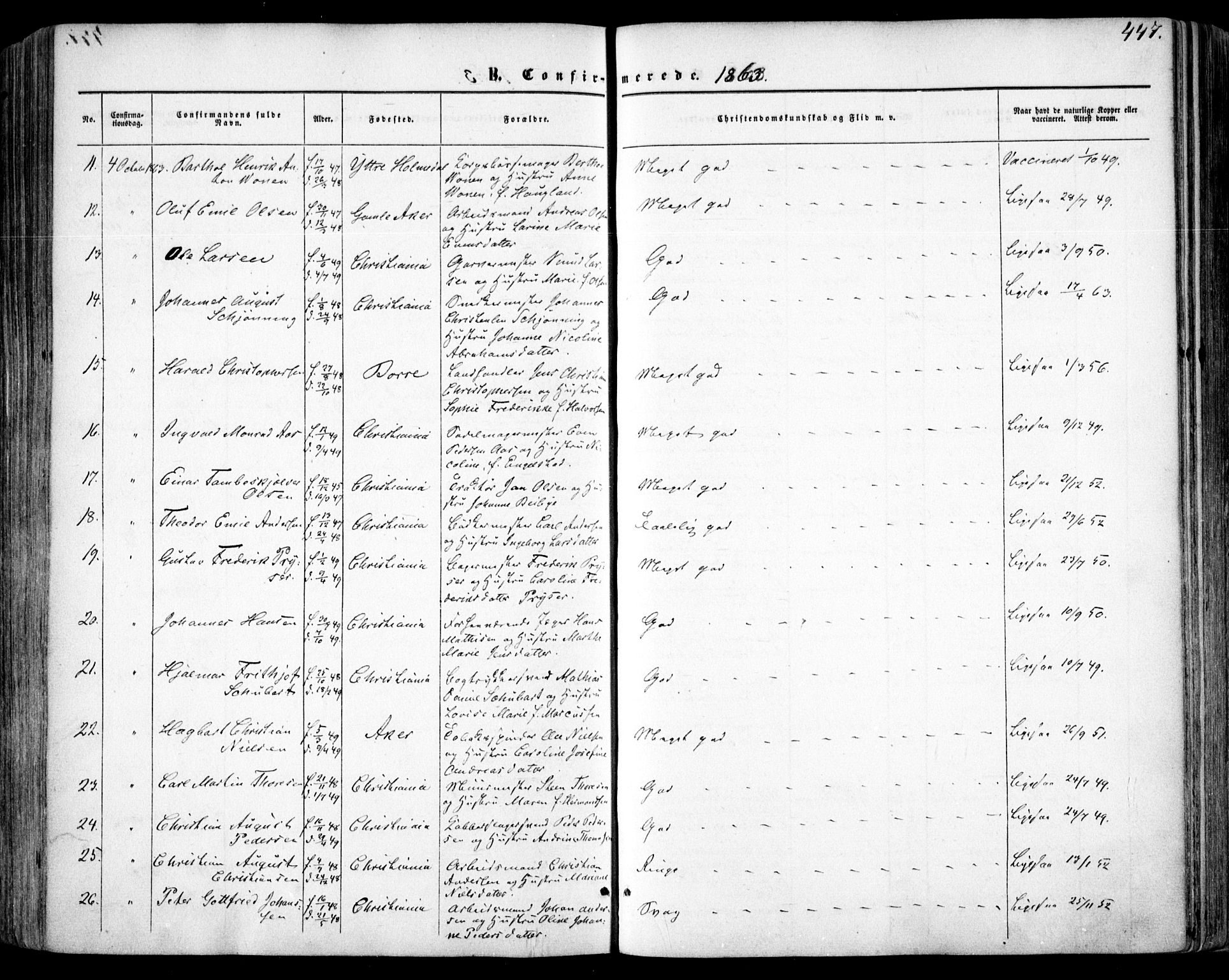Oslo domkirke Kirkebøker, AV/SAO-A-10752/F/Fa/L0015: Parish register (official) no. 15, 1857-1871, p. 447