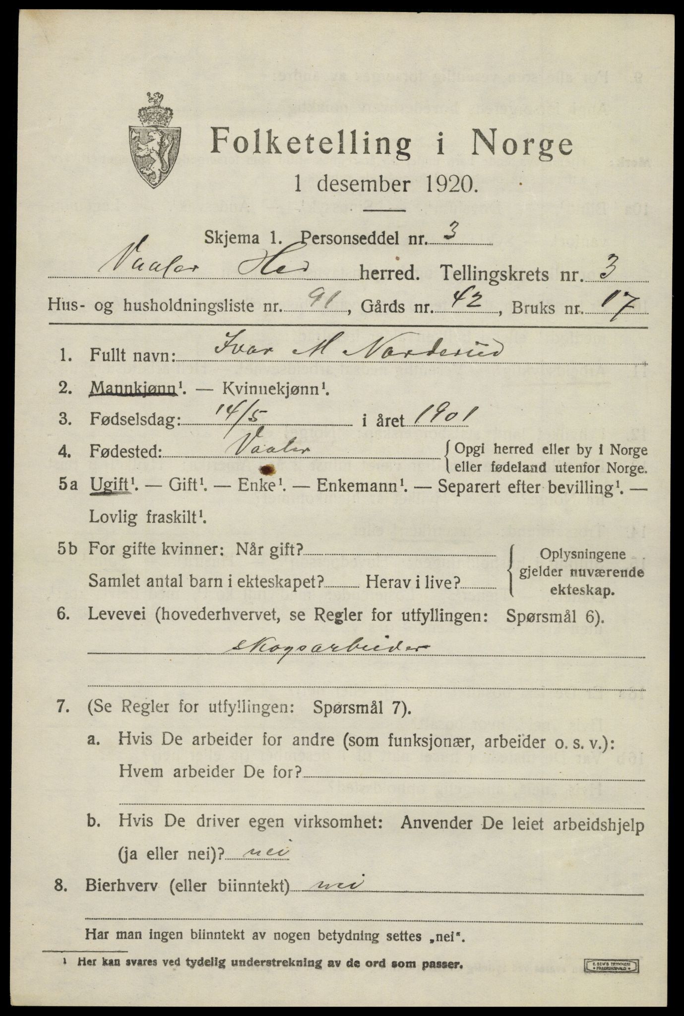 SAH, 1920 census for Våler (Hedmark), 1920, p. 4379