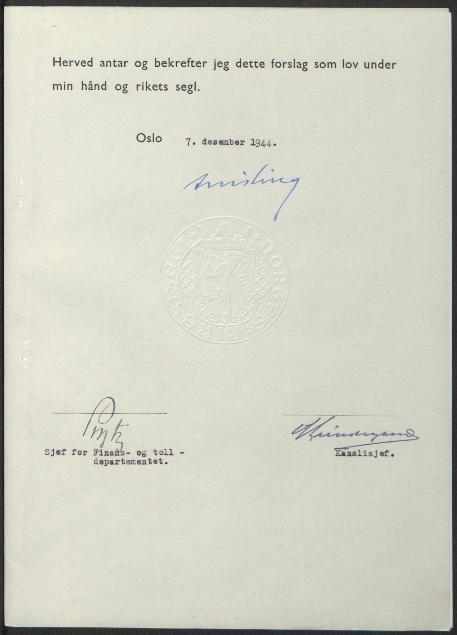 NS-administrasjonen 1940-1945 (Statsrådsekretariatet, de kommisariske statsråder mm), AV/RA-S-4279/D/Db/L0100: Lover, 1944, p. 608