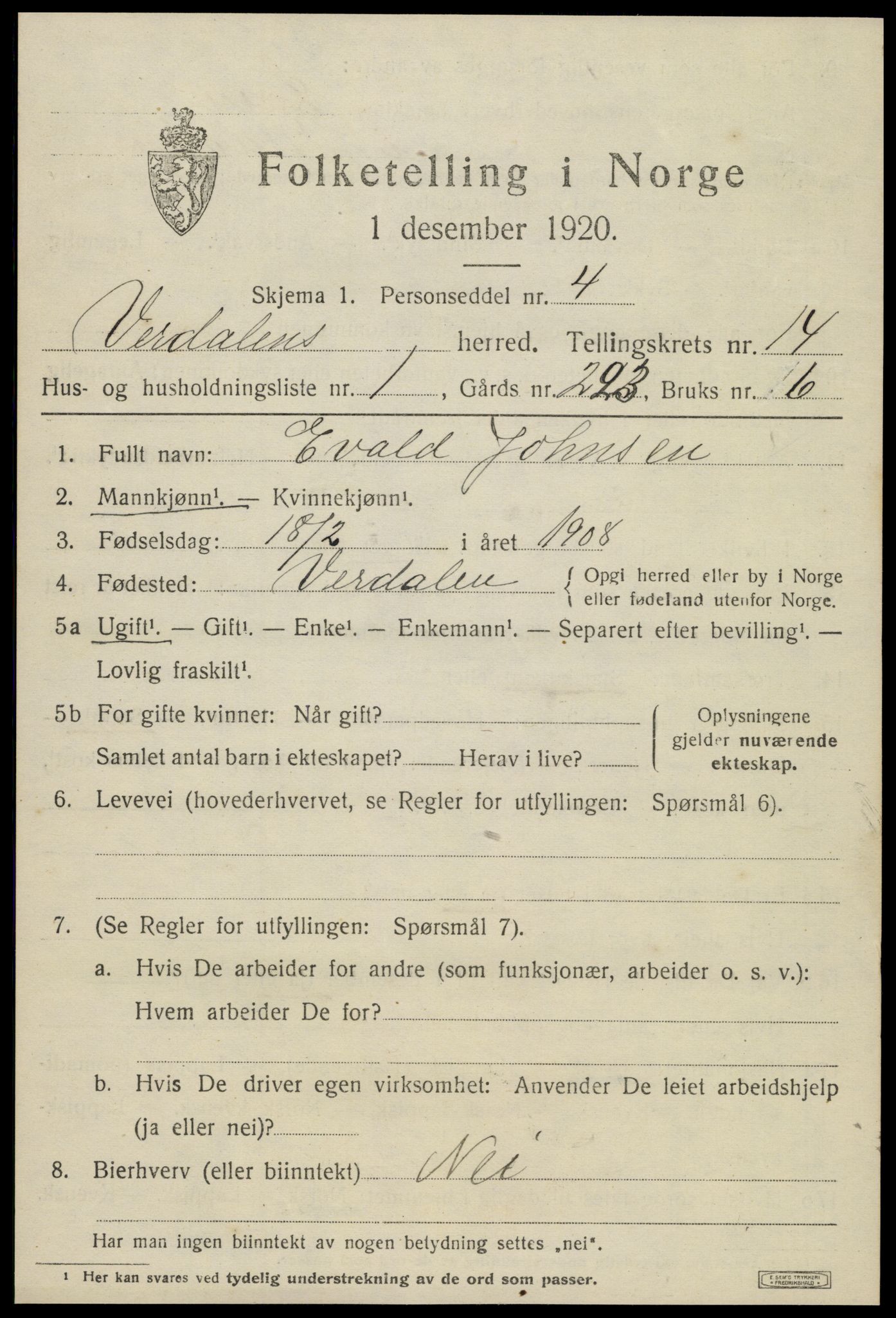 SAT, 1920 census for Verdal, 1920, p. 13669