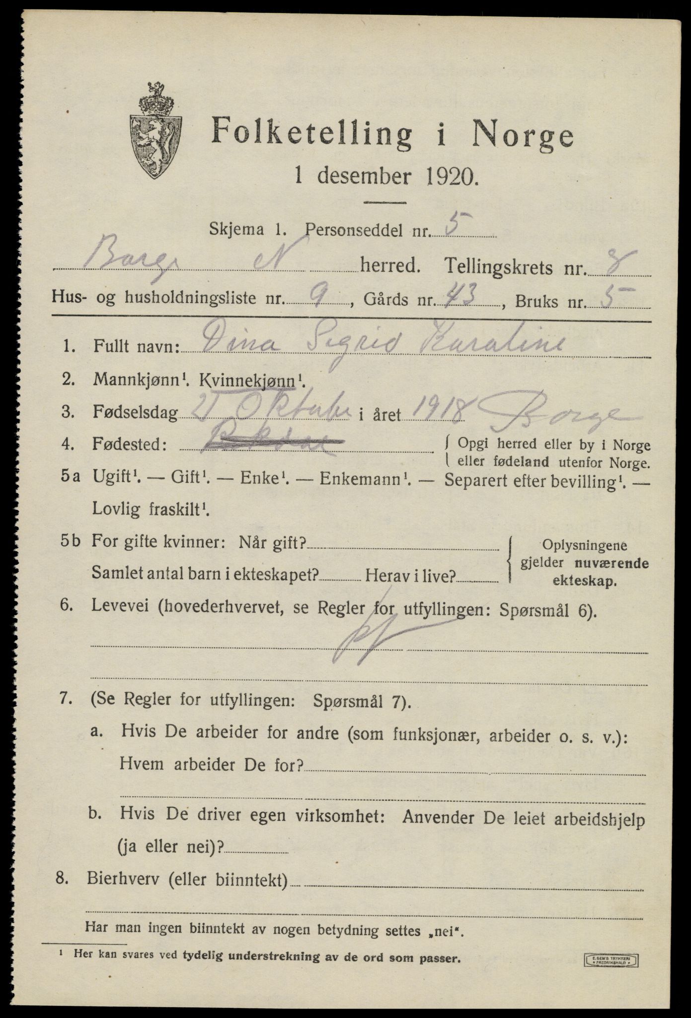 SAT, 1920 census for Borge, 1920, p. 7319